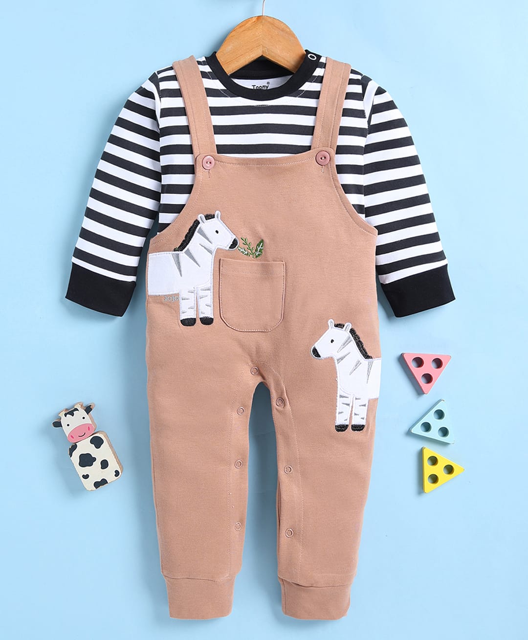 TOONYPORT Cotton Blend Knit Zebra Printed Dungaree With Full Sleeves Tee - Multi Colour-image-42