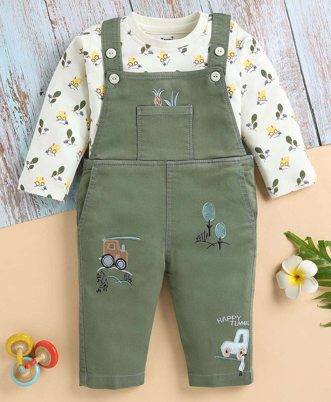 TOONYPORT Cotton Blend Knit Happy Timer Text Vehicle Embroidered Dungaree With Full Sleeves Tee - Green-image-35