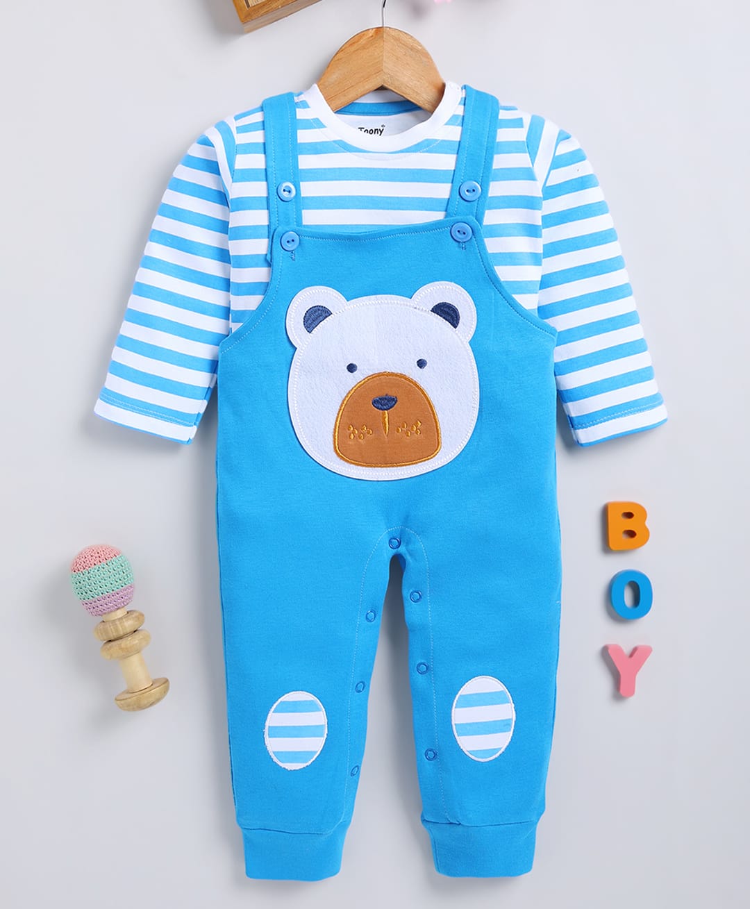 TOONYPORT Cotton Blend Knit Teddy Patch Detailed Dungaree With Full Sleeves Tee - Blue-image-20