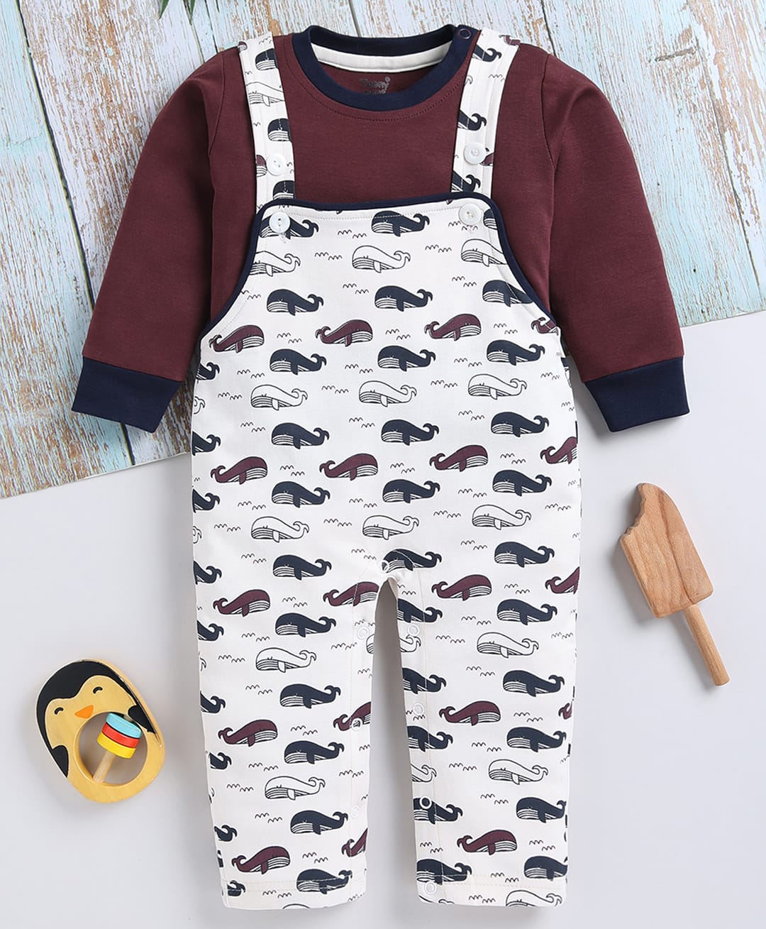 TOONYPORT Cotton Blend Knit Whale Printed Dungaree With Full Sleeves Tee - Brown-image-24