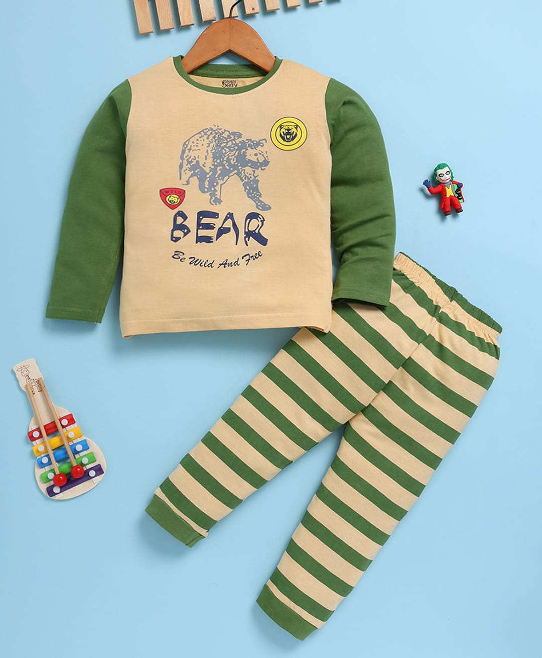 TOONYPORT Cotton Blend Knit Full Sleeves Bear Text Printed Winter Sweatshirt With Joggers Set - Green-picture-27