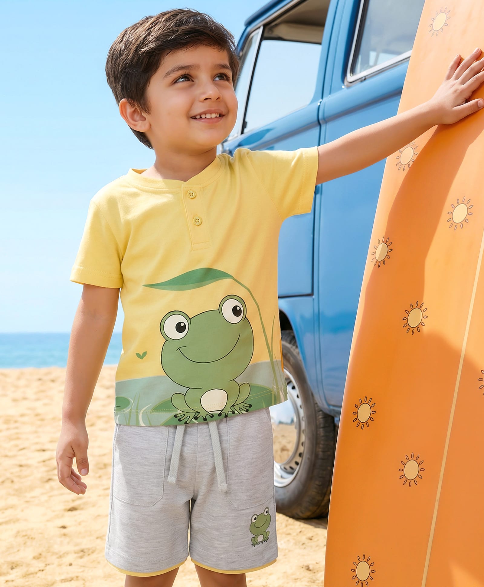 Babyhug Single Jersey Knit Half Sleeves T-Shirt & Shorts Set With Frog Print - Yellow & Grey-image-34