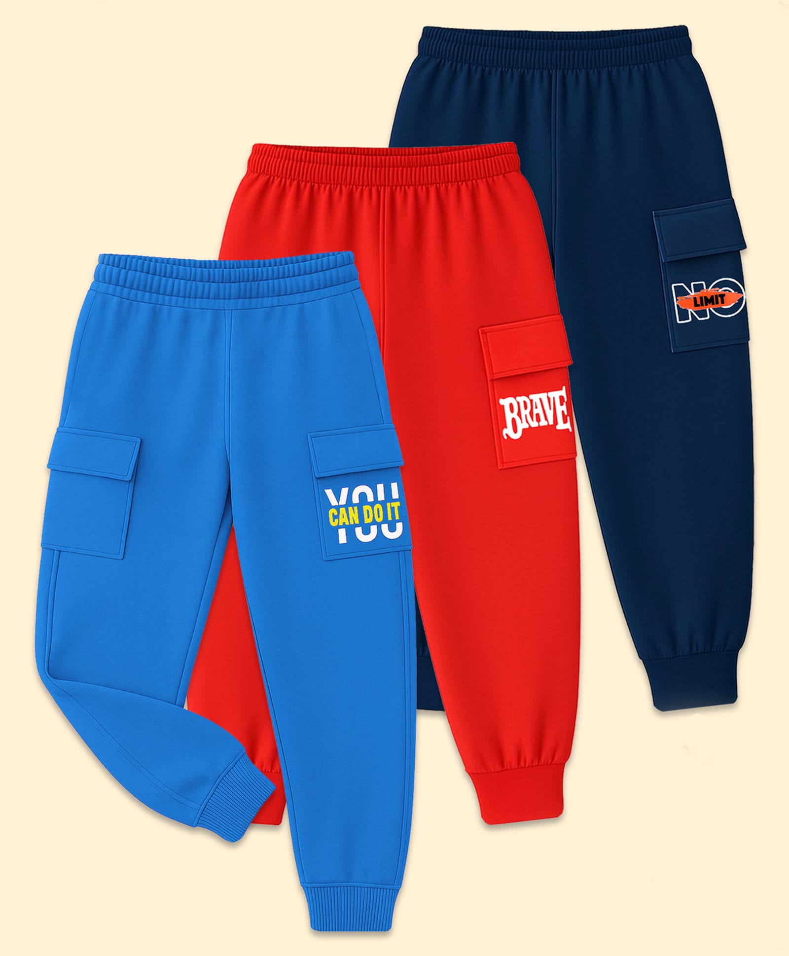 KUCHIPOO Cotton Blend Knit Pack Of 3 You Can Do It Brave & No Limit Text Printed Joggers - Multi Colour-picture-13
