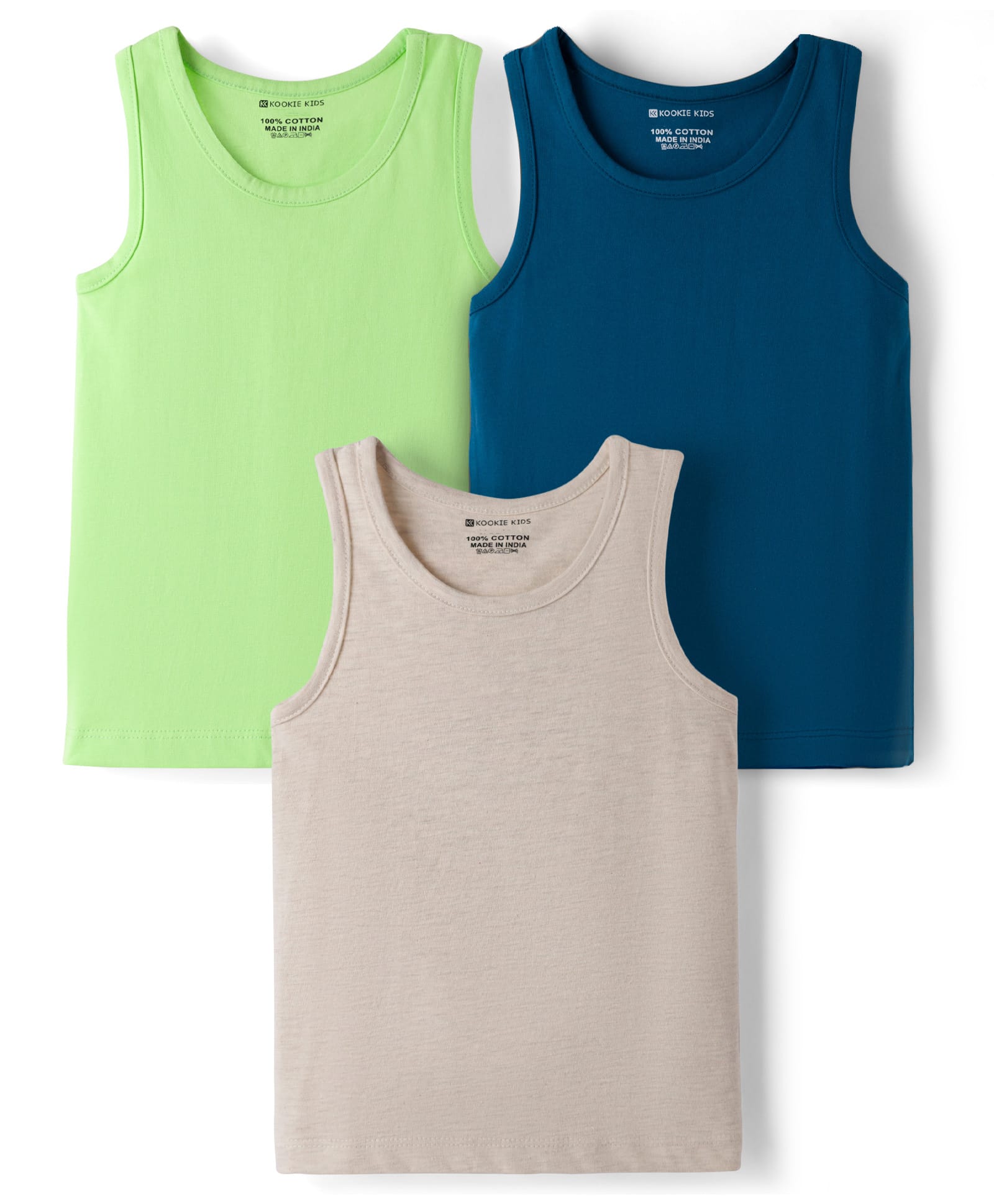 Kookie Kids Single Jersey Knit Sleeveless Solid Colour Vests Pack Of 3 - Light Green Blue & Grey-image-45