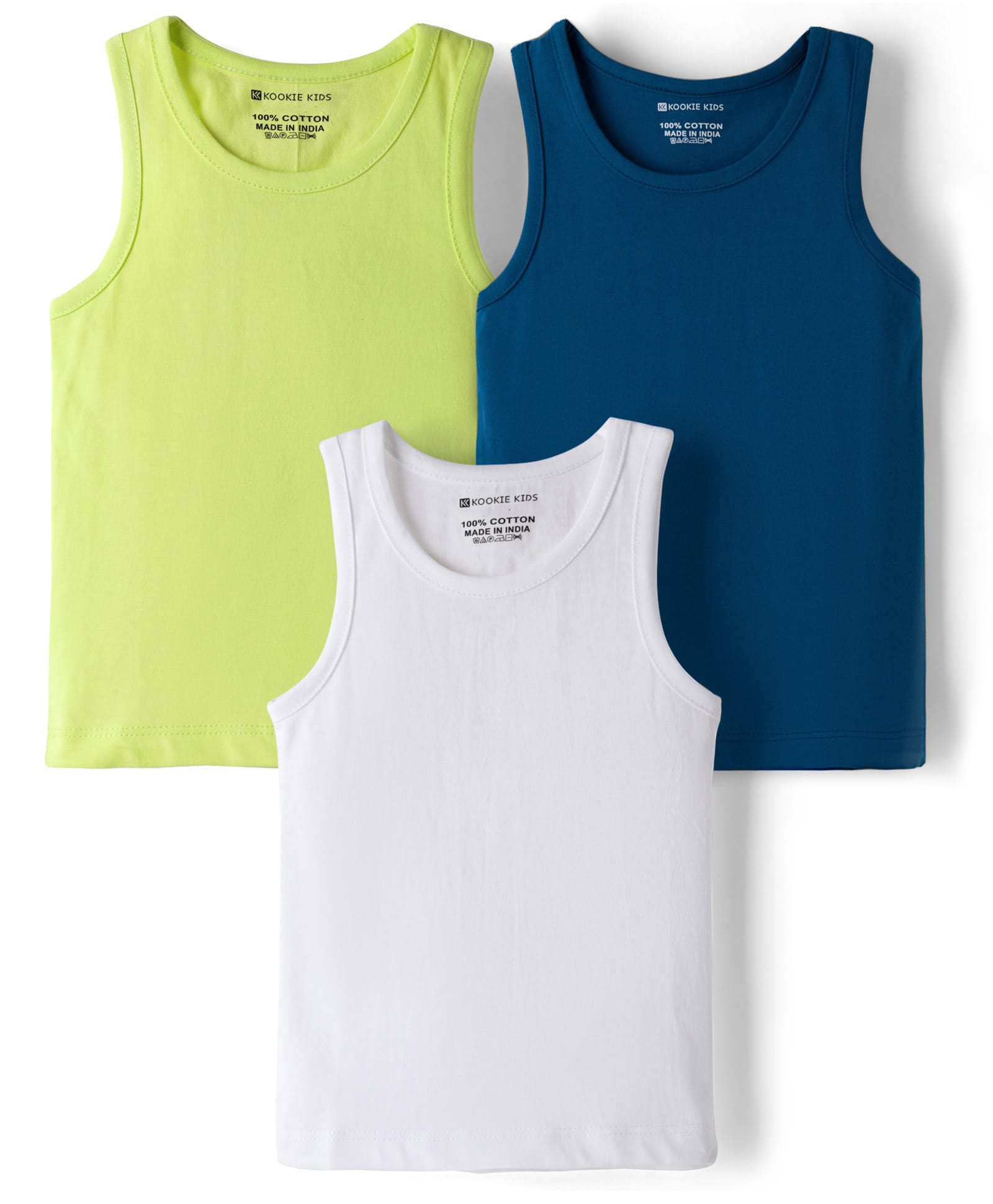 Kookie Kids Single Jersey Knit Sleeveless Solid Colour Vests Pack Of 3 - Light Green Navy Blue & White-image-43