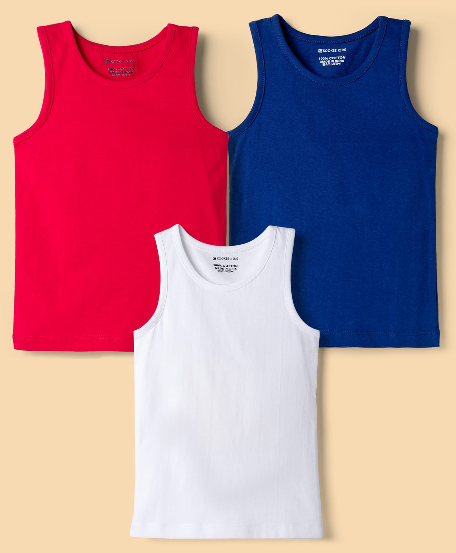 Kookie Kids Single Jersey Knit Sleeveless Solid Colour Vests Pack Of 3 - Red Blue & White-image-2
