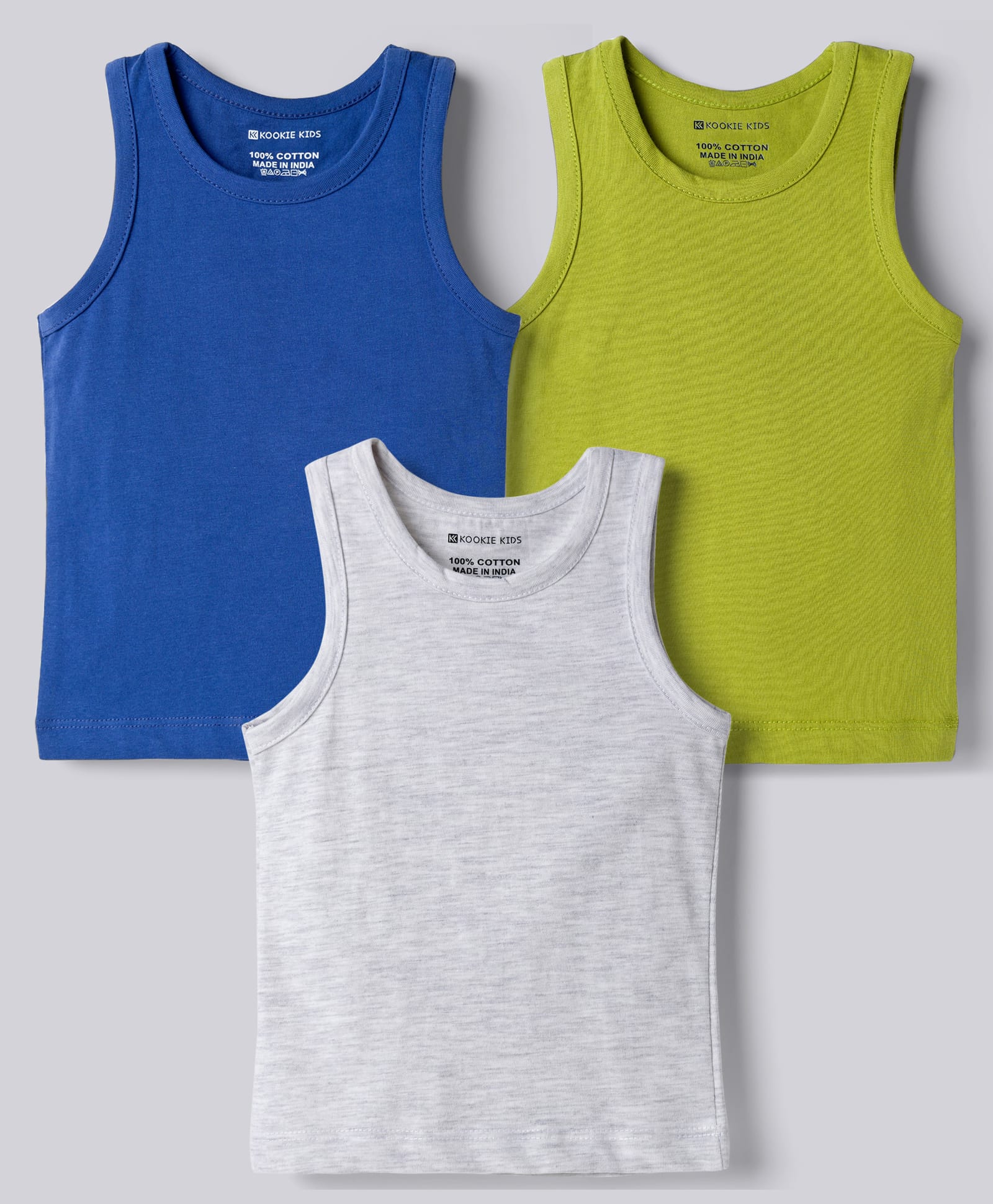 Kookie Kids Single Jersey Knit Sleeveless Solid Colour Vests Pack Of 3 - Blue Limegreen & White-image-49
