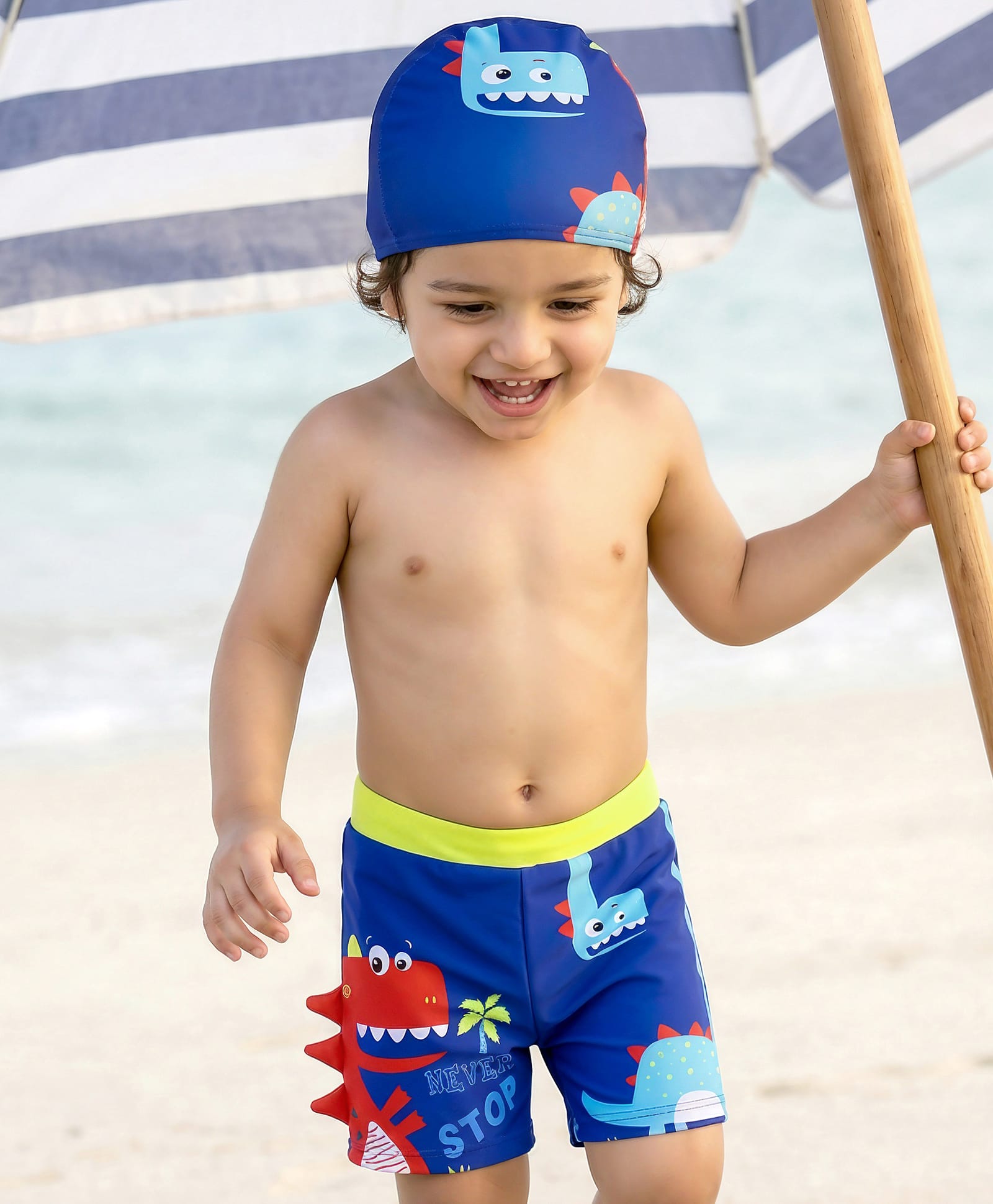 Babyhug Dino Printed Swimming Trunk With Cap - Blue-image-5