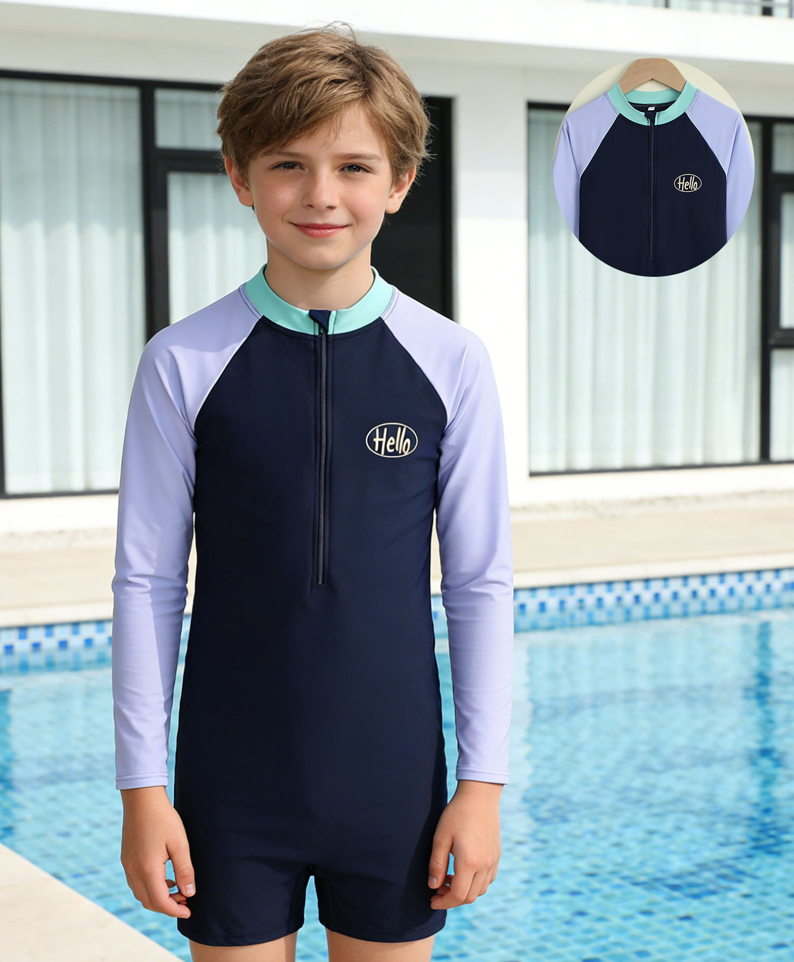 Pine Kids Raglan Full Sleeves Text Printed Legged Swimsuit - Navy Blue-image-47