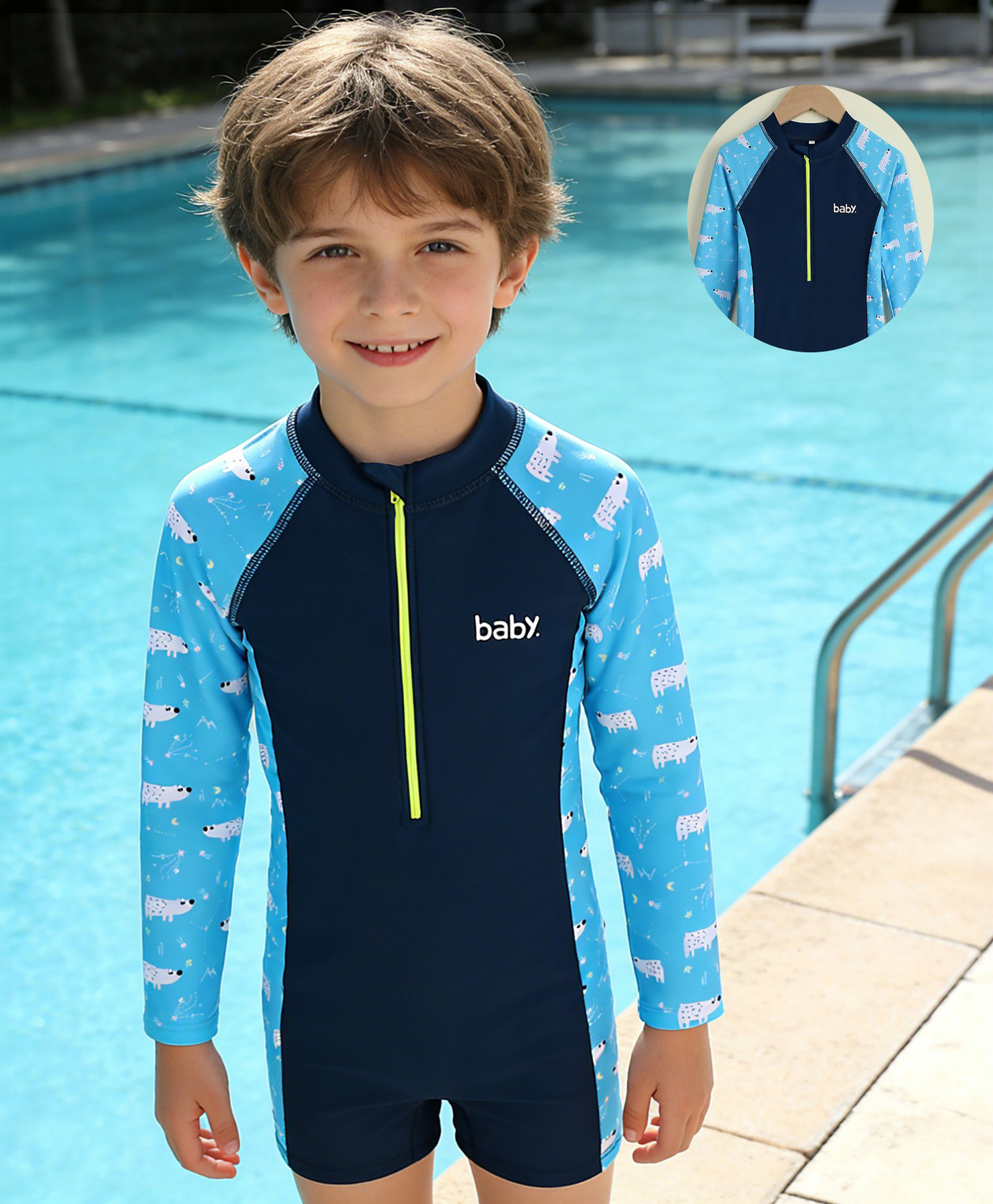Pine Kids Raglan Full Sleeves Animal Printed Legged Swimsuit - Navy Blue-image-39
