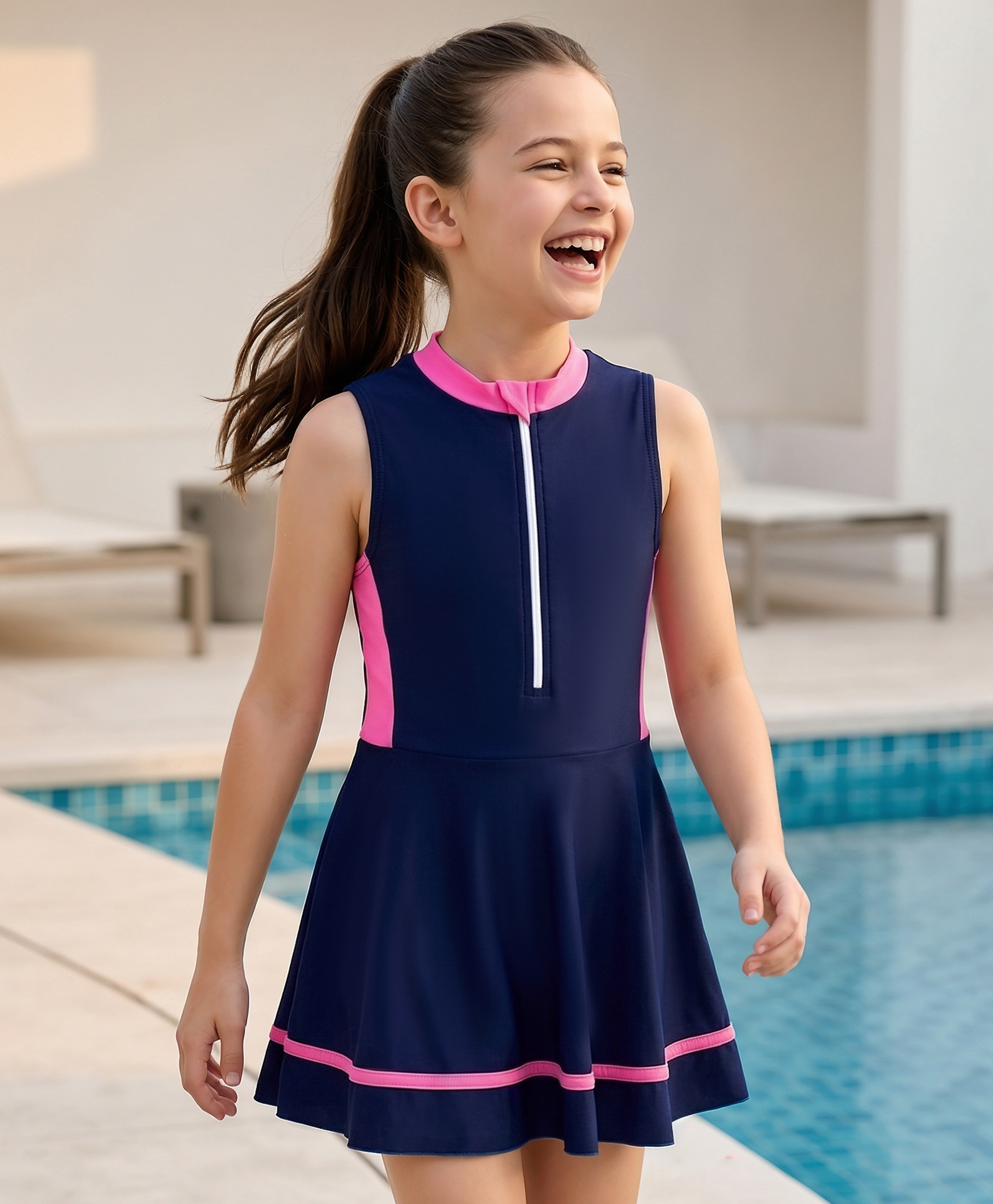Pine Kids Sleeveless Solid Frock Swimsuit - Navy Blue-image-20