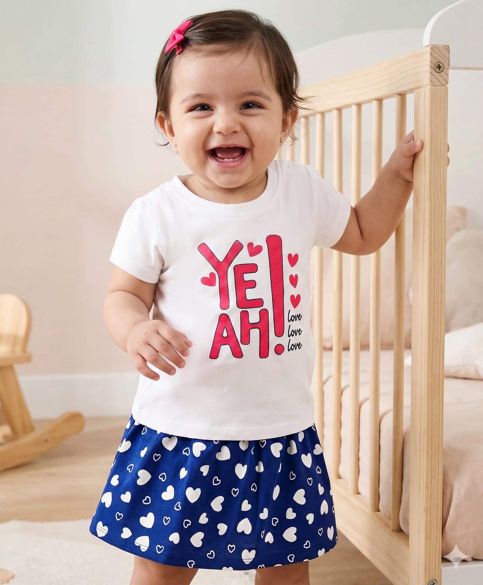 Doodle Poodle 100% Cotton Single Jersey Knit Half Sleeves Top & Skirt Set with Heart Print - Navy Blue & White-picture-20