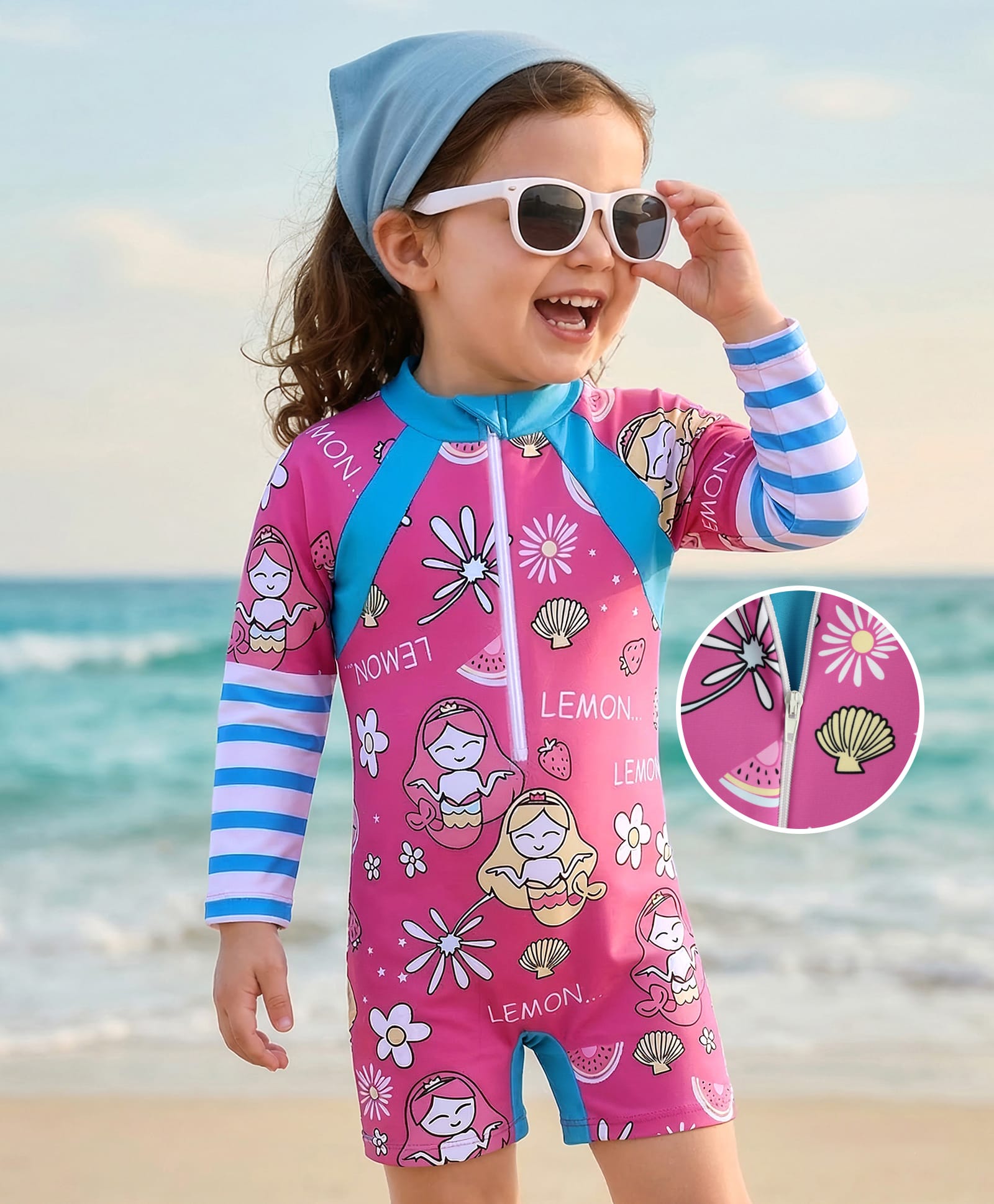 Mark & Mia Raglan Full Sleeves Beach Theme & Floral Printed Legged Swimsuit - Fuchsia-image-12