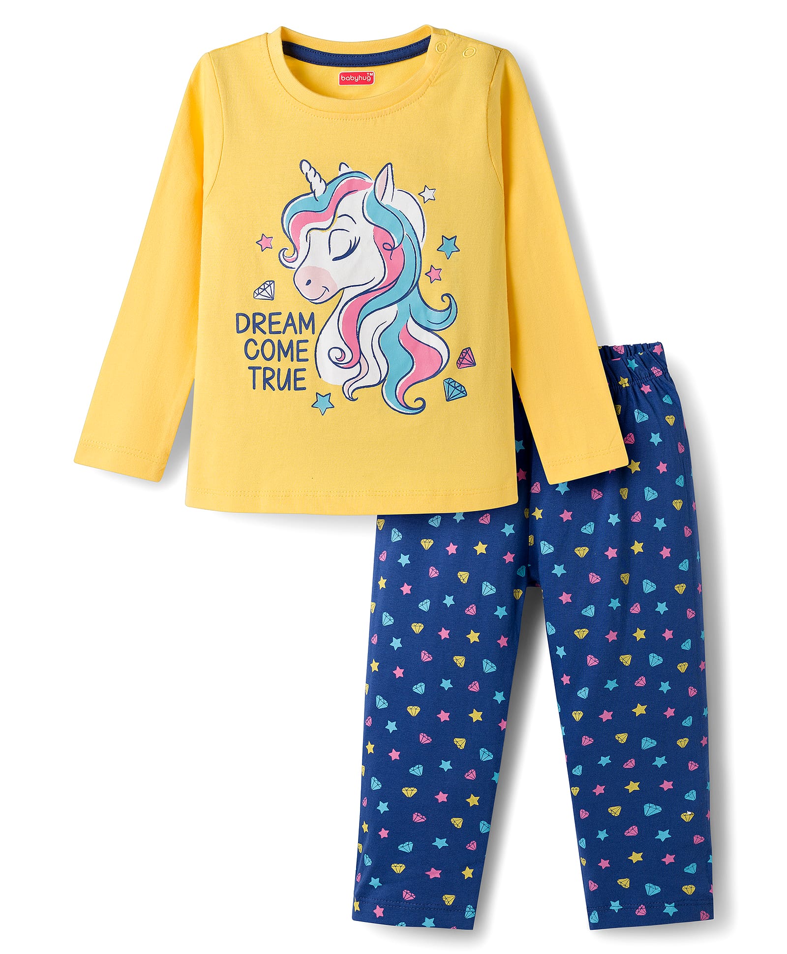 Babyhug Cotton Knit Full Sleeves Co-ord Night Suit With Unicorn Print - Yellow-picture-29