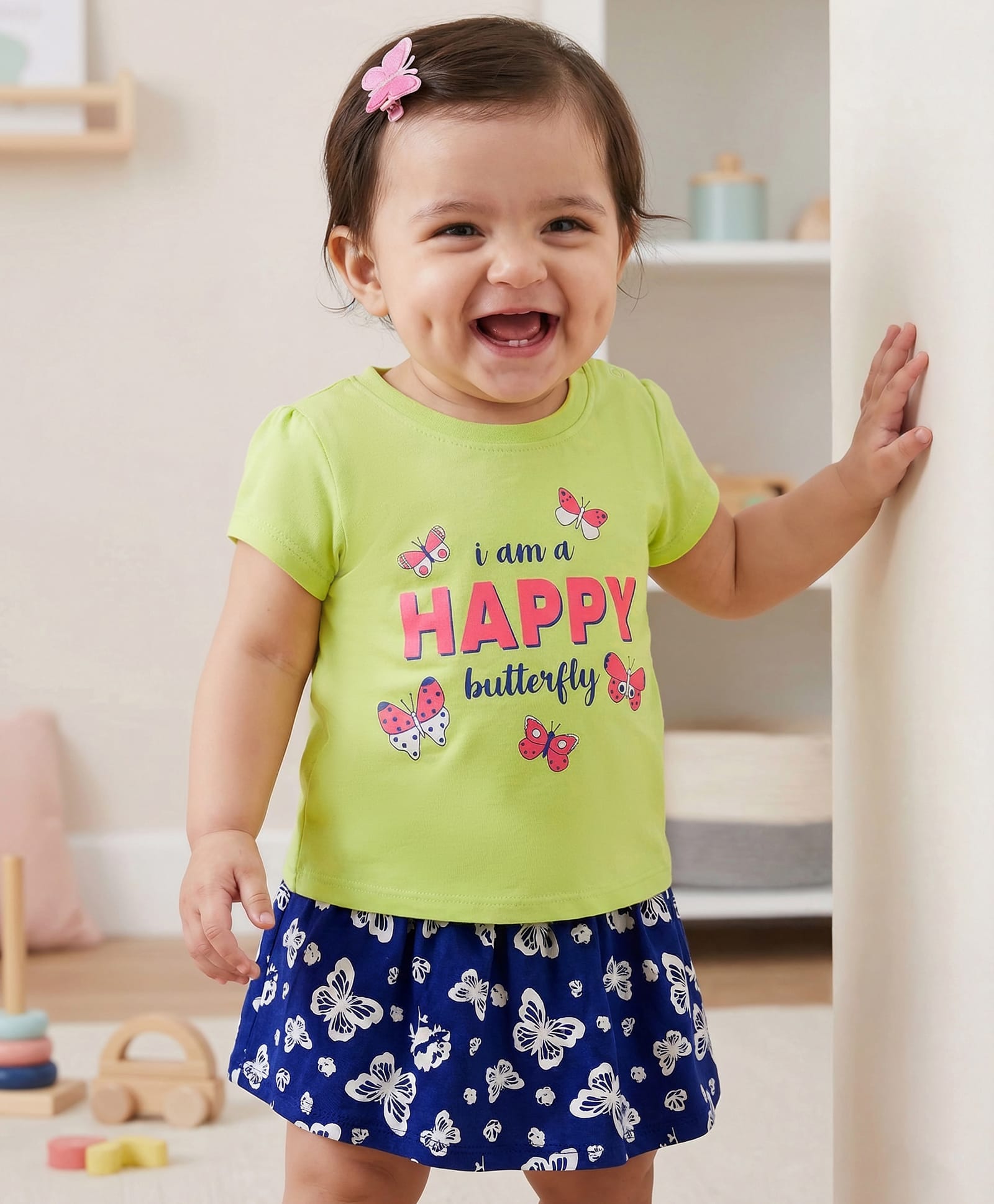 Doodle Poodle 100% Cotton Single Jersey Knit Half Sleeves Top & Skirt Set with Butterfly Print - Navy Blue & Limegreen-picture-22