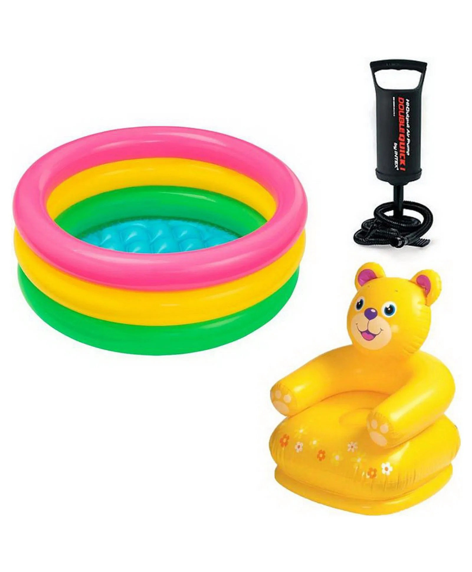 Intex Combo Inflatable Teddy Chair with Inflatable Kids Water Bath tub Pool for Kids (2-feet) & Double Quick ii Hand Pump- Multi Color-picture-14