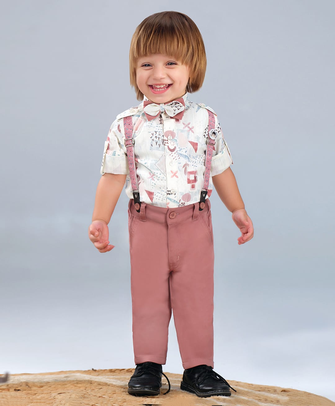 BAD BOYS Cotton Knit Full Sleeves Abstract Printed Shirt & Pant Set With Bow & Suspender - Peach-image-1