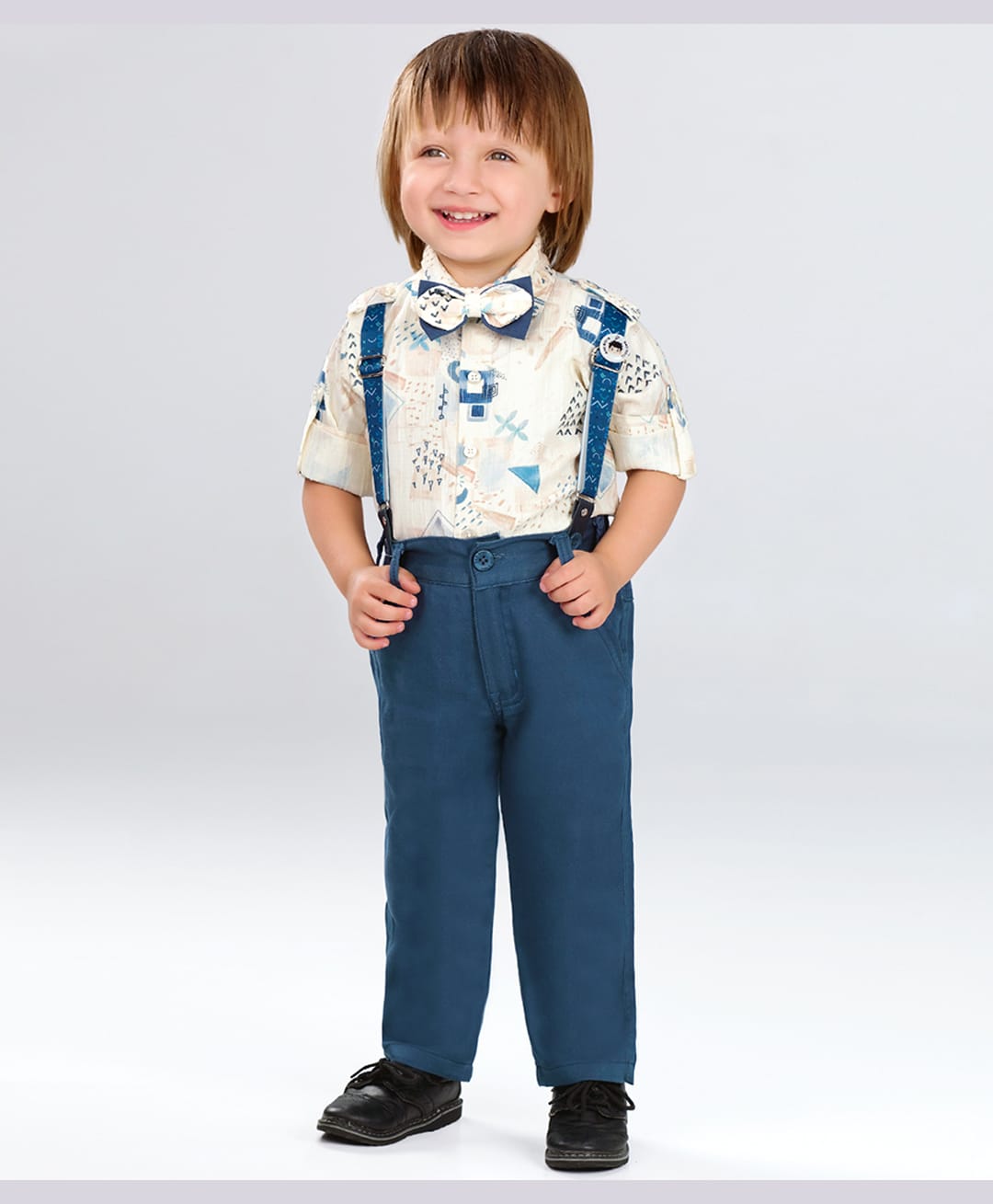 BAD BOYS Cotton Knit Full Sleeves Abstract Printed Shirt & Pant Set With Bow & Suspender - Blue-image-4