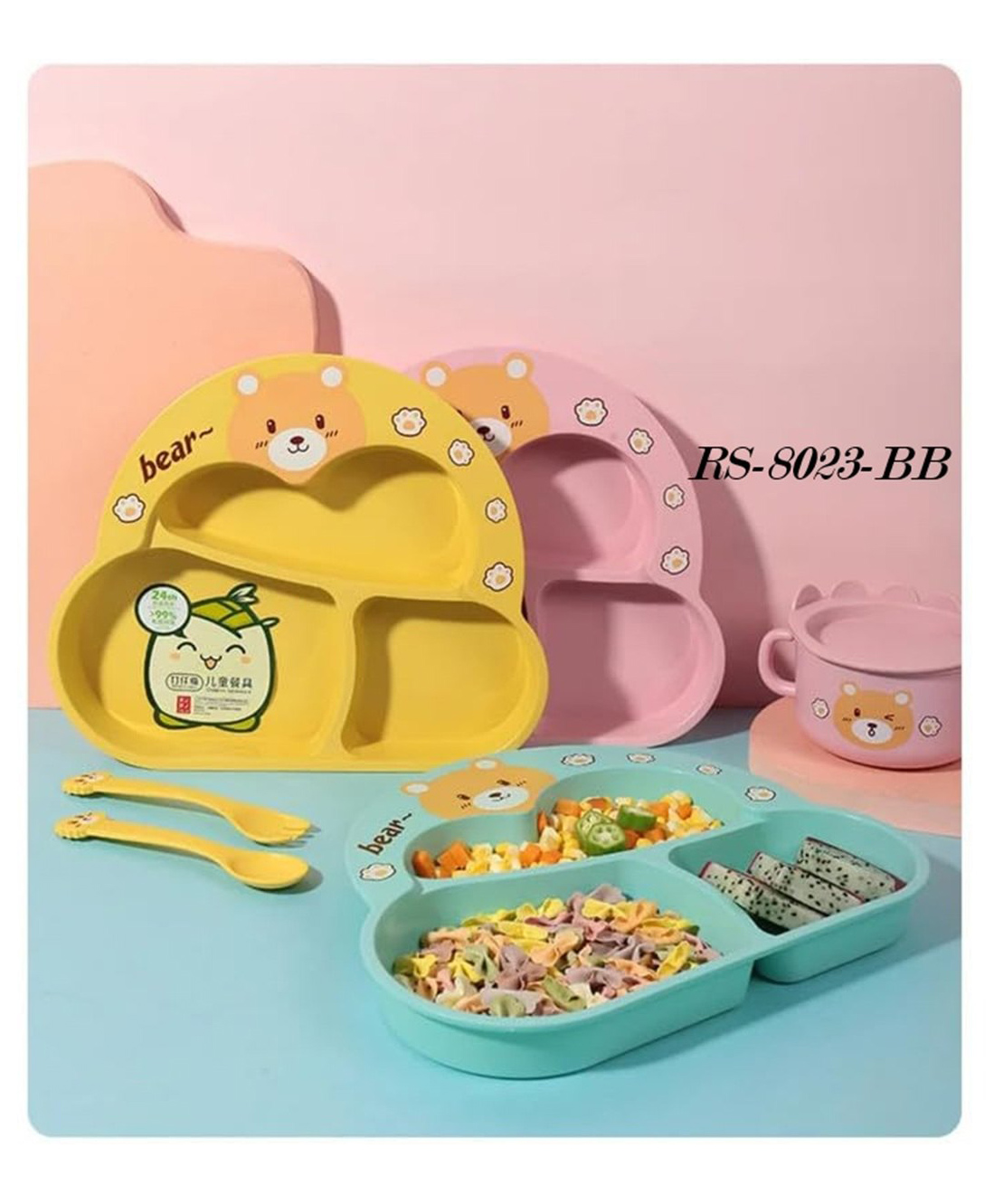 FLAZE Dinner Plate Bamboo Kids Food Plate Microwave Dishwasher Safe Cute Bear Shaped Cartoon Self Feeding Plate for Kids - PACK OF -1 - ( COLOR MAY VARY )-image-2