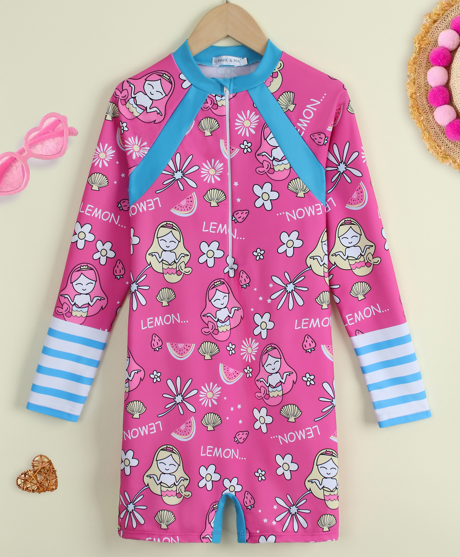 Mark & Mia Raglan Full Sleeves Beach Theme & Floral Printed Legged Swimsuit - Fuchsia