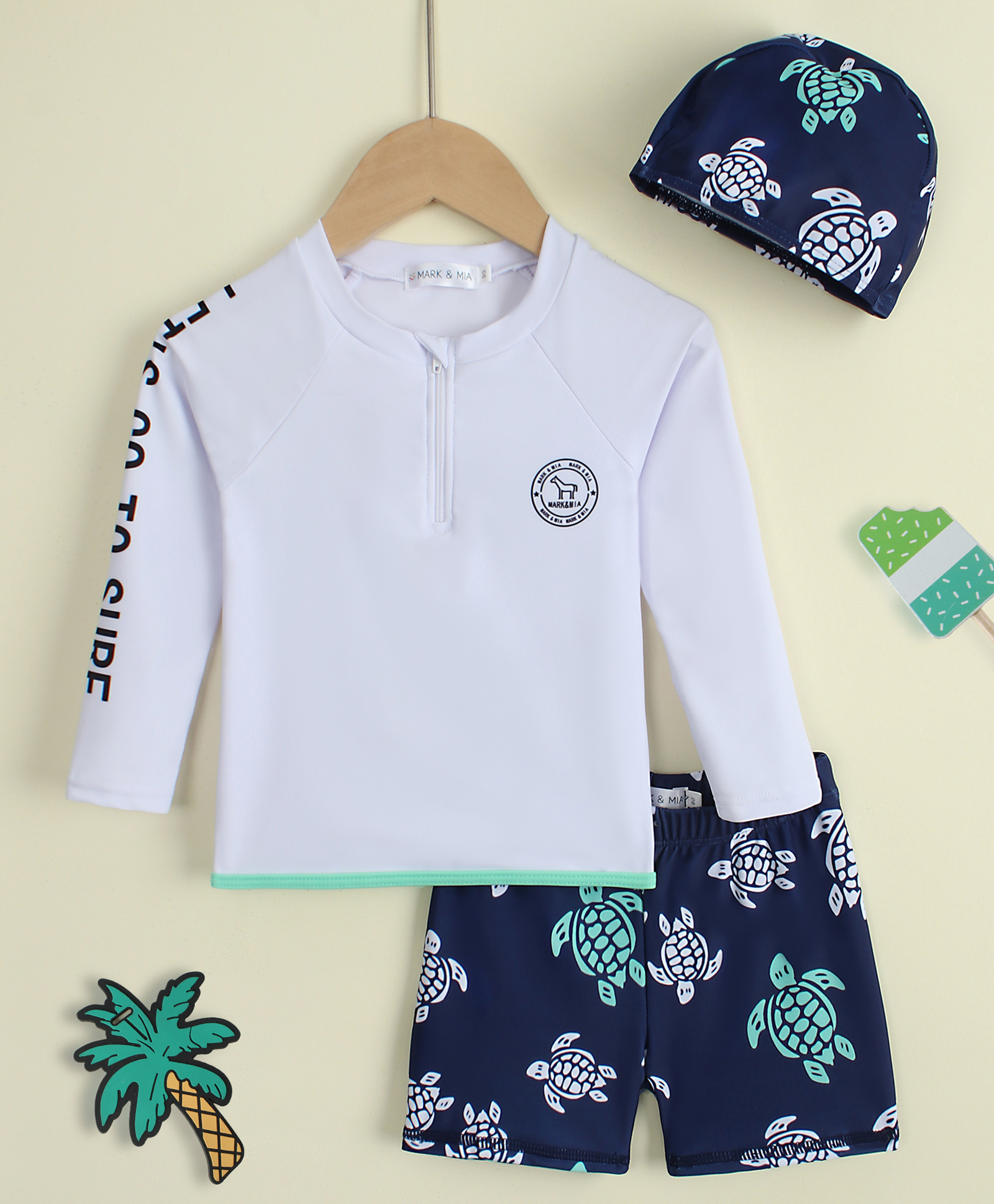 Mark & Mia Full Raglan Sleeves Two Piece Swimsuit with Cap & Turtle Print- White-image-21