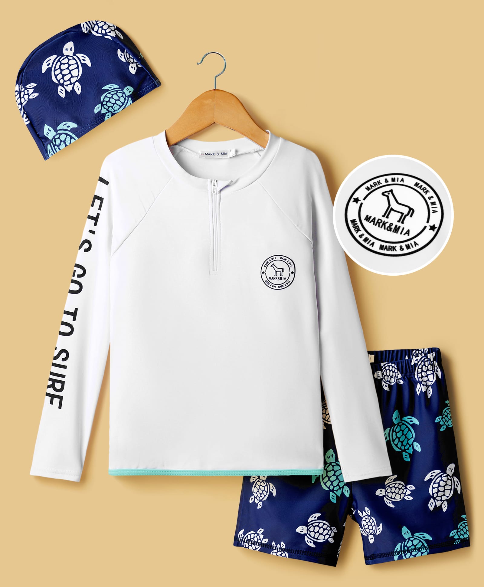 Mark & Mia Full Raglan Sleeves Two Piece Swimsuit with Cap & Turtle Print- White-image-26