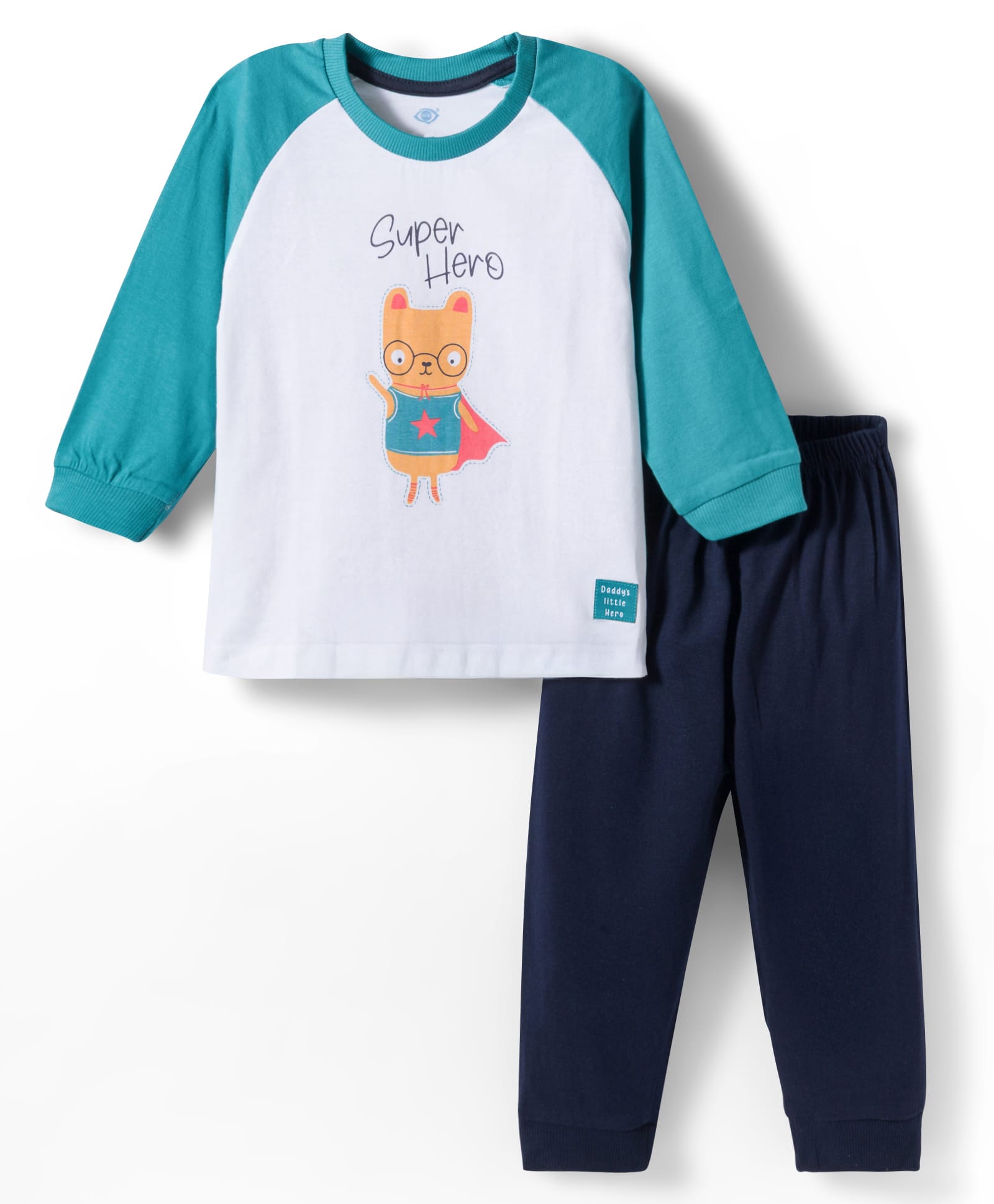 Zero Knitted Raglan Full Sleeves Animal Printed T-Shirt & Joggers Pant Set - Teal Blue & Navy Blue-picture-12