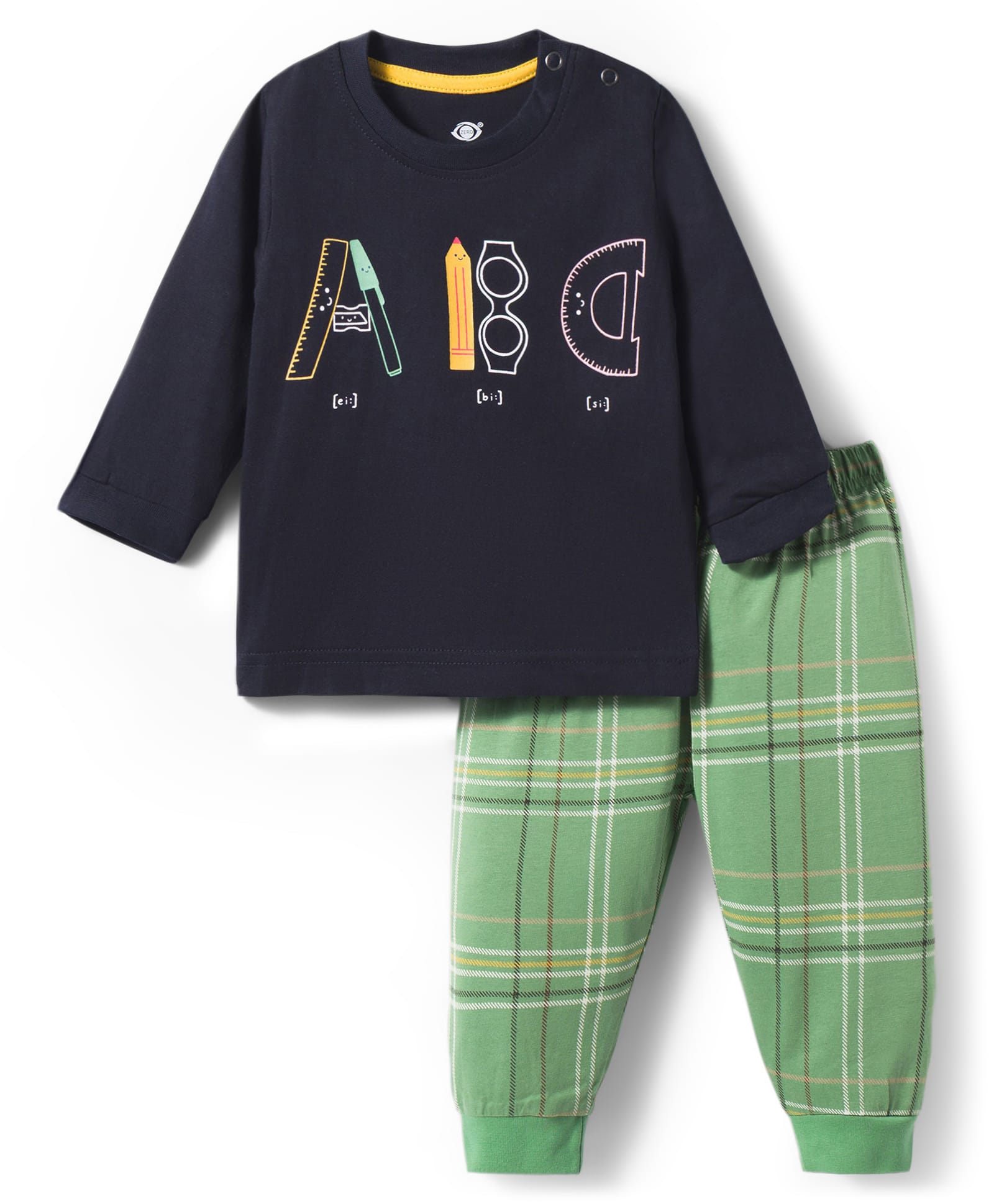Zero Knitted Full Sleeves Stationery Printed T-Shirt & Checks Joggers Pant Set - Navy Blue & Green-picture-4