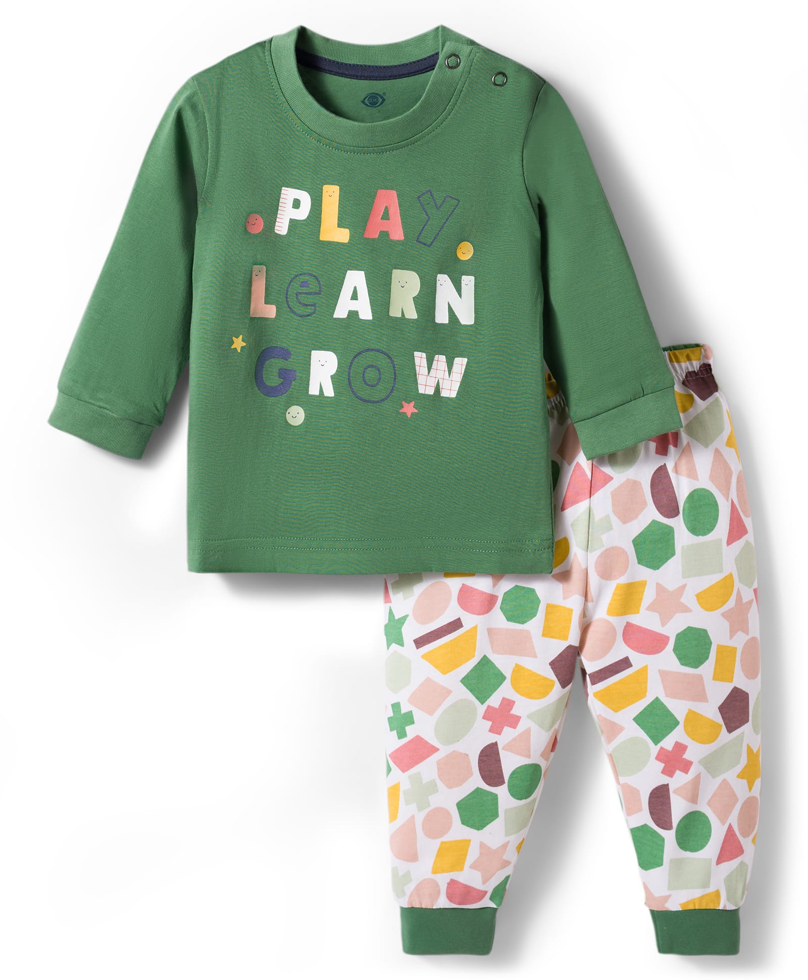 Zero Knitted Full Sleeves Text Printed T-Shirt & Geometrical Shapes Printed Joggers Pant Set - Green-picture-16