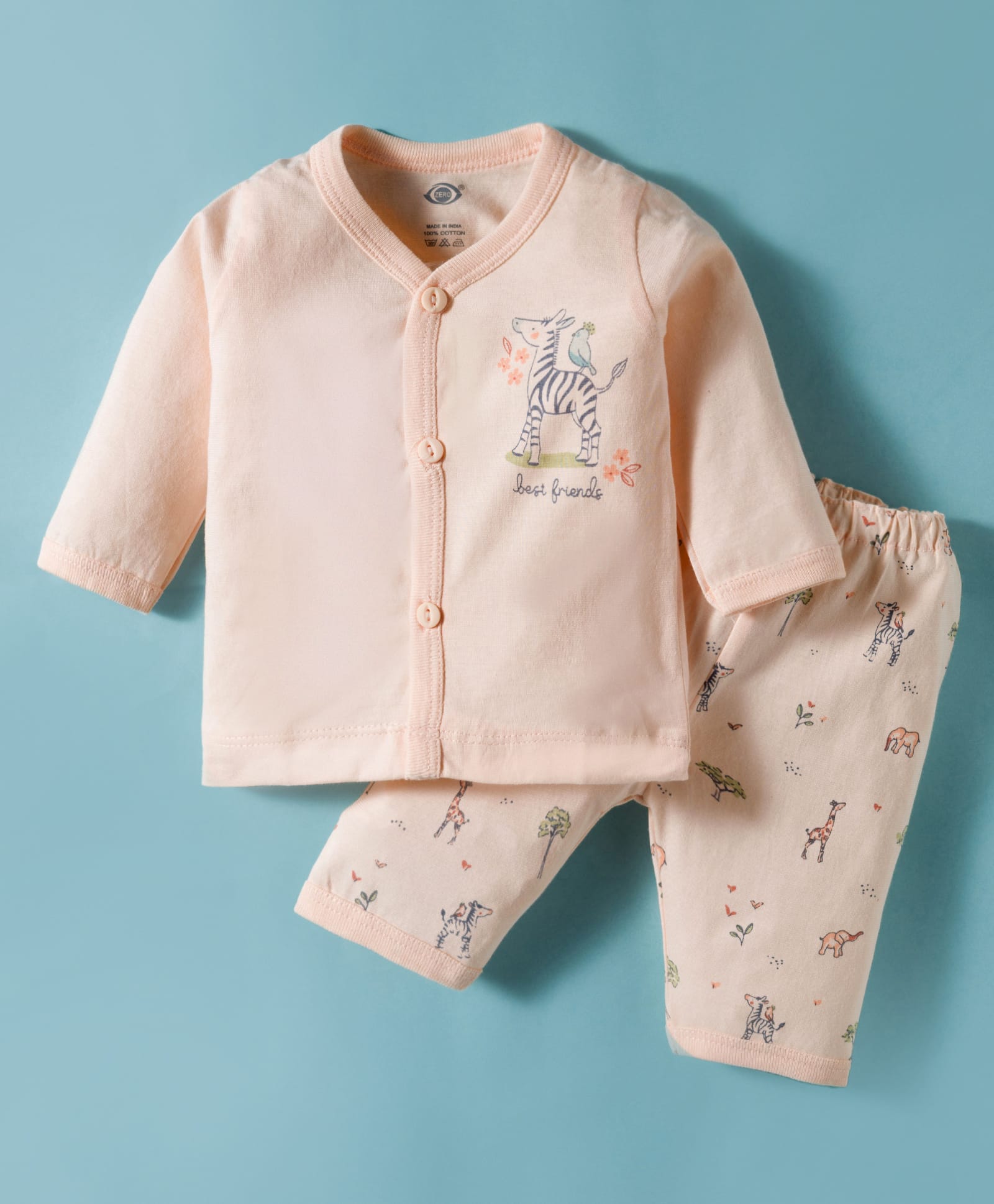 Zero Knitted Full Sleeves T-Shirt & Pajama Night Suit With Zebra Print - Peach-picture-14