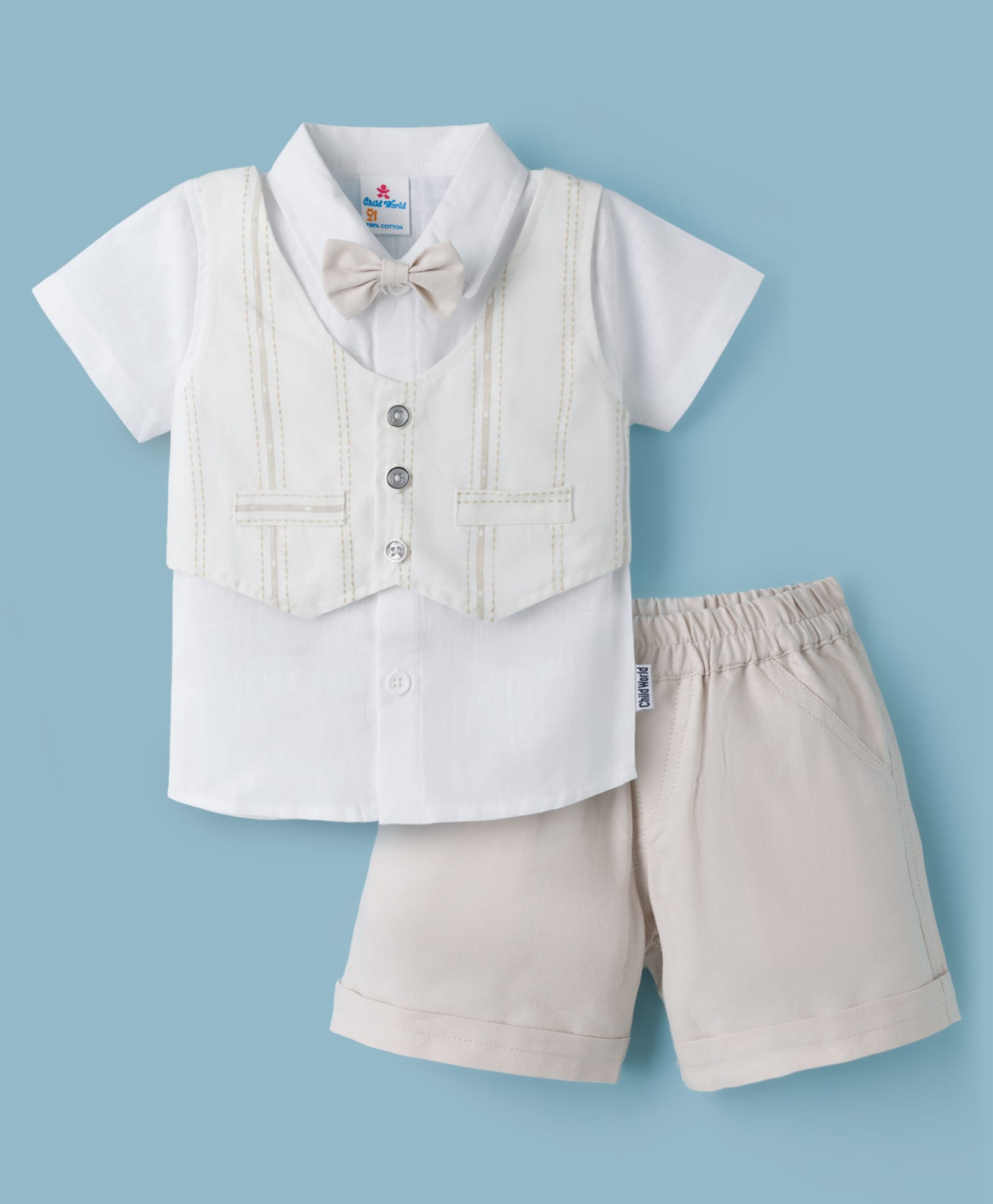 Child World Textile Woven Half Sleeves Striped 3 Piece Party Suit with Bow Applique - Beige-picture-12