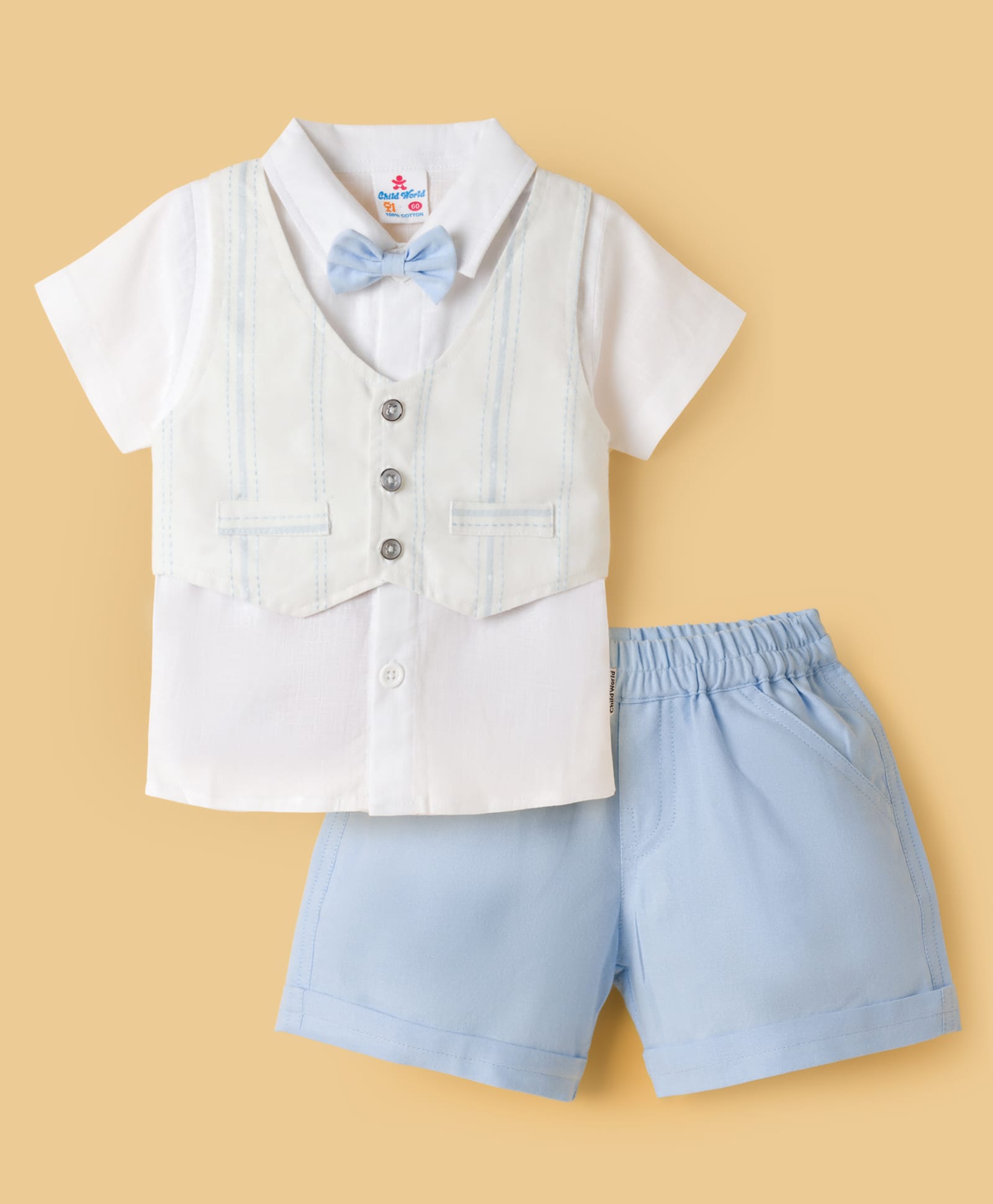 Child World Textile Woven Half Sleeves Striped 3 Piece Party Suit with Bow Applique - Sky Blue-picture-42