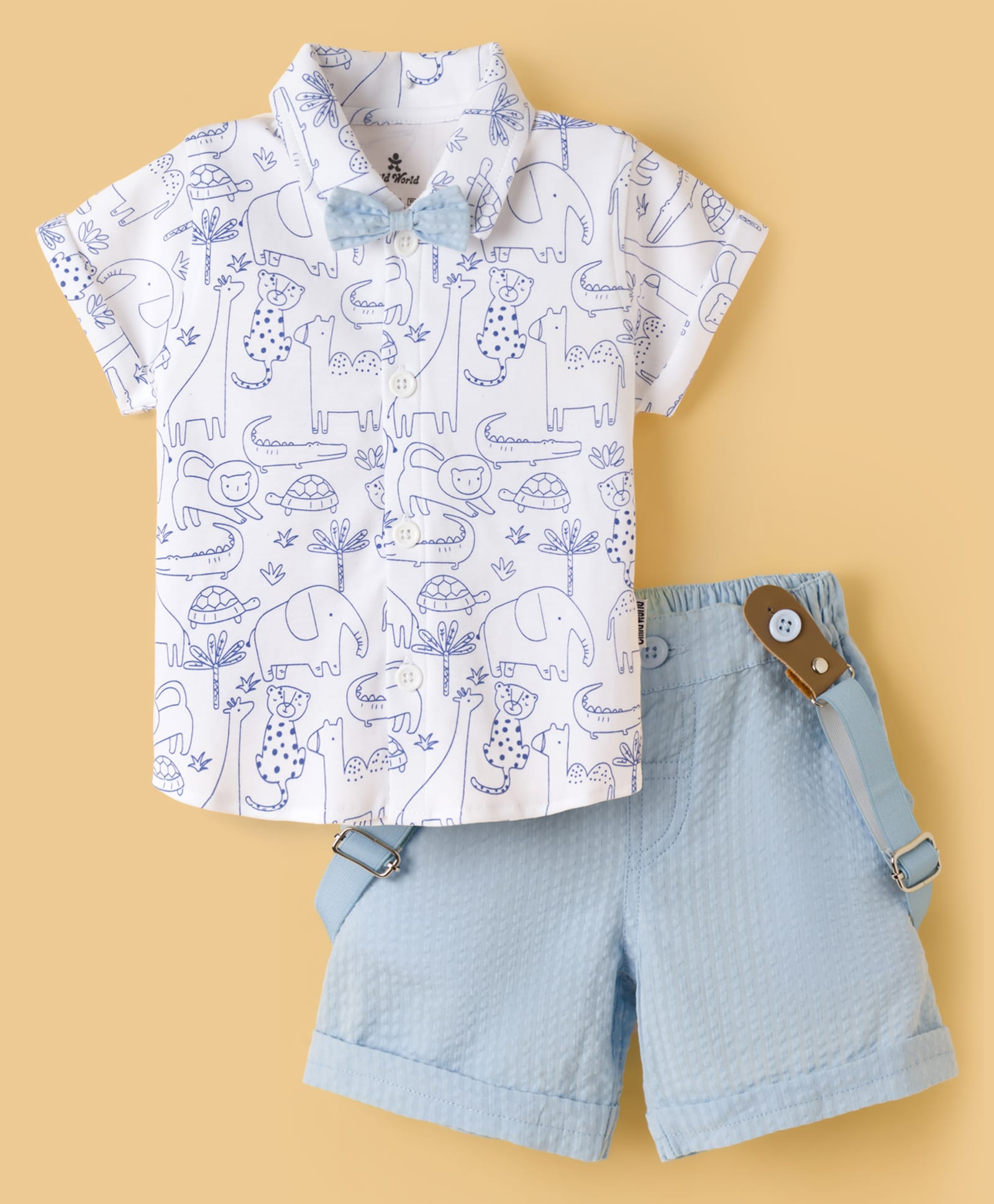 Child World Textile Woven Half Sleeves Animal Printed Shirt & Shorts Set With Bow & Suspender - Light Blue-picture-4