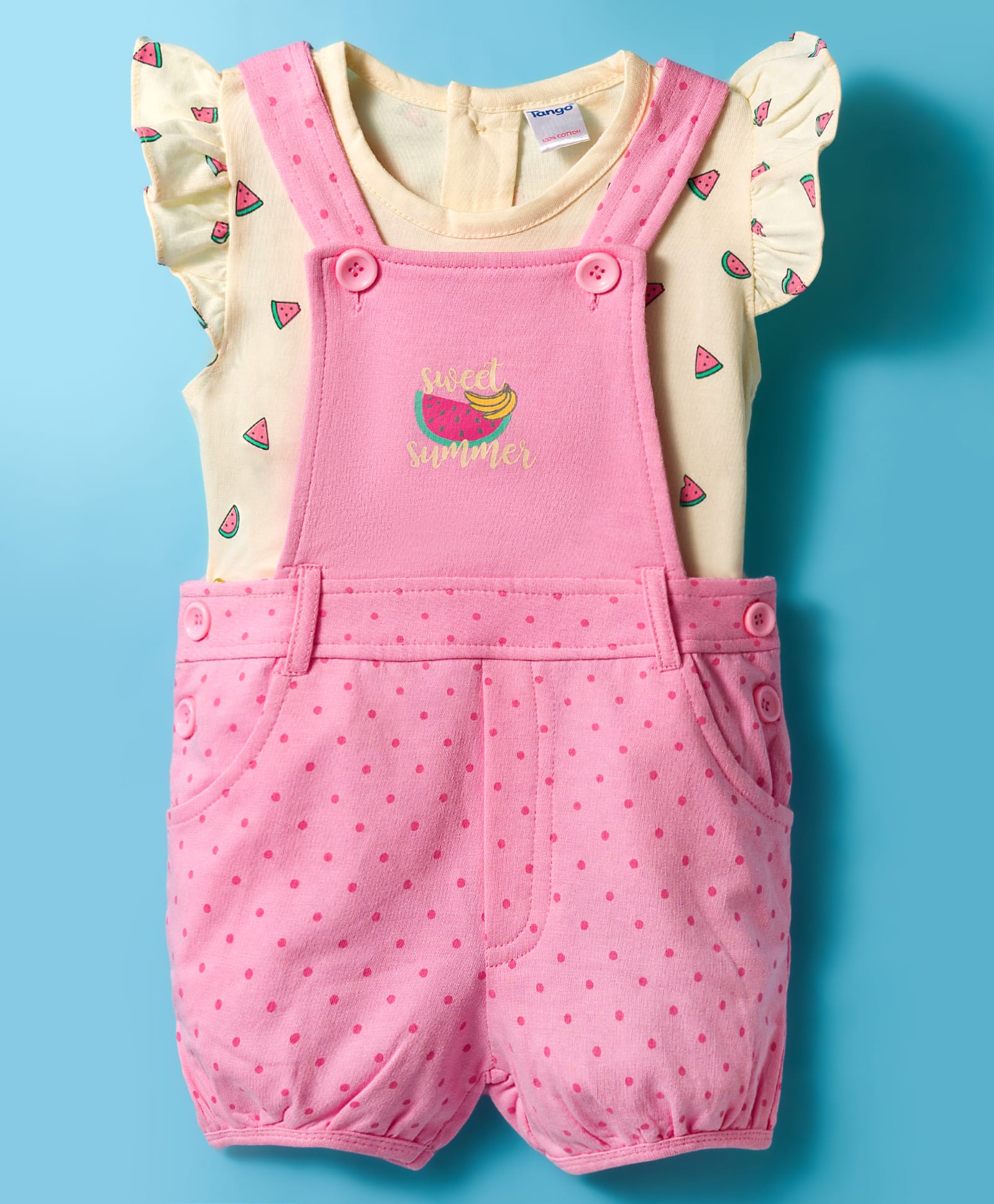 Tango Looper Knit Dungaree Style Romper & Half Sleeves Inner Tee With Polka Dot & Watermelon Print - Pink-image-19