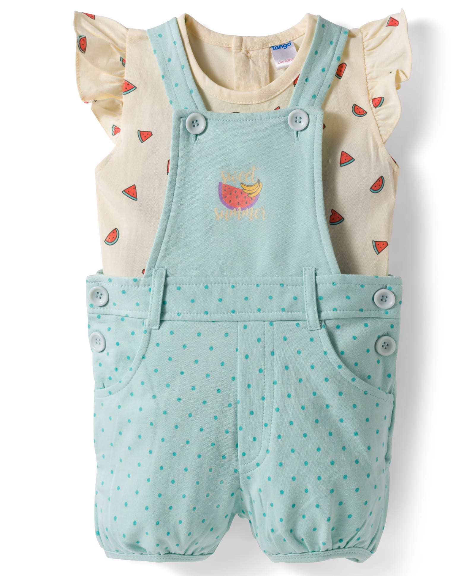 Tango Looper Knit Dungaree & Half Sleeves Inner Tee With Polka Dot & Watermelon Print - Mint-image-8