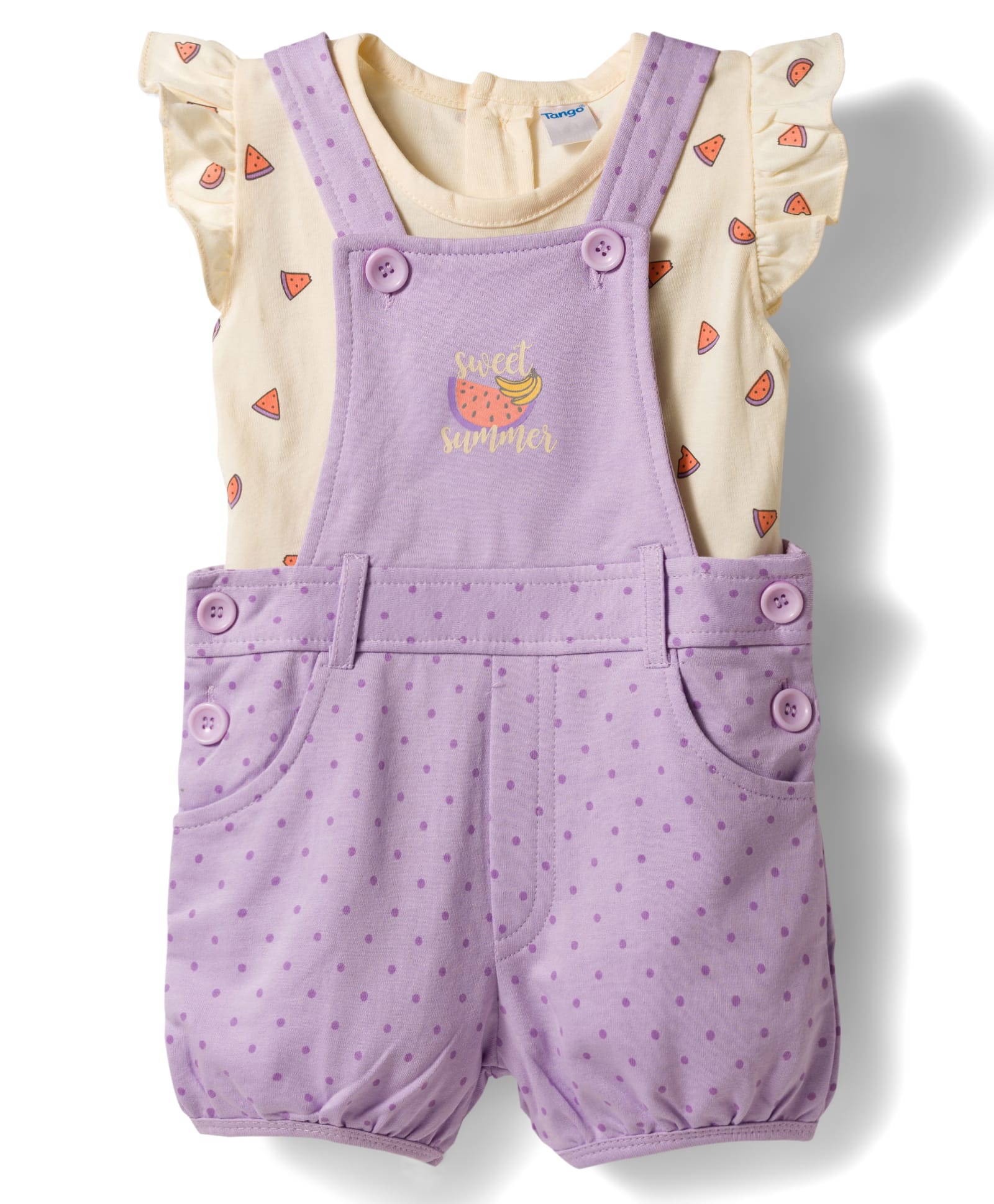 Tango Looper Knit Dungaree & Half Sleeves Inner Tee With Polka Dot & Watermelon Print - Purple-image-21