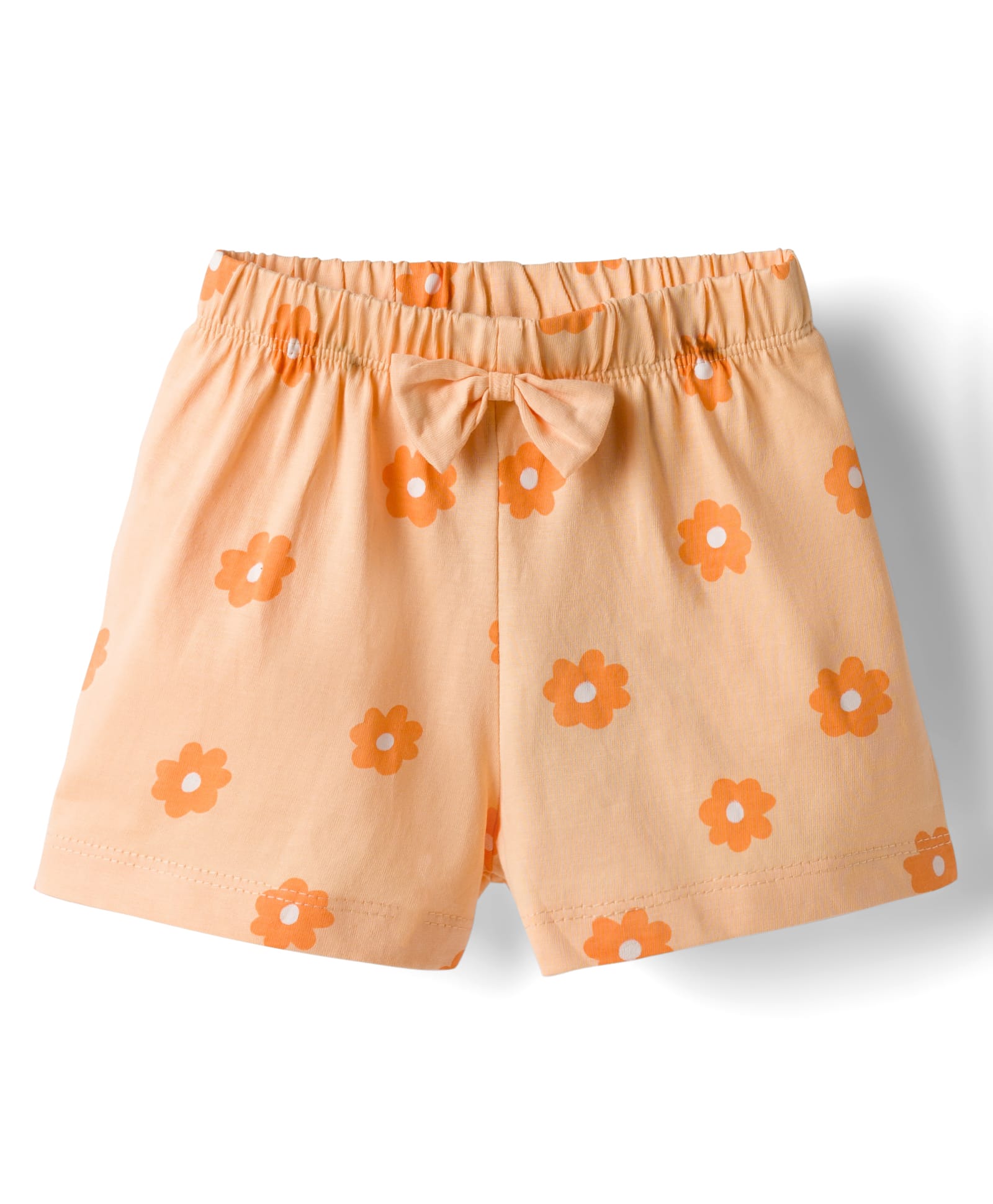 Tango Single Jersey Knit Knee Length Shorts With Floral Print & Bow Applique - Peach-picture-14