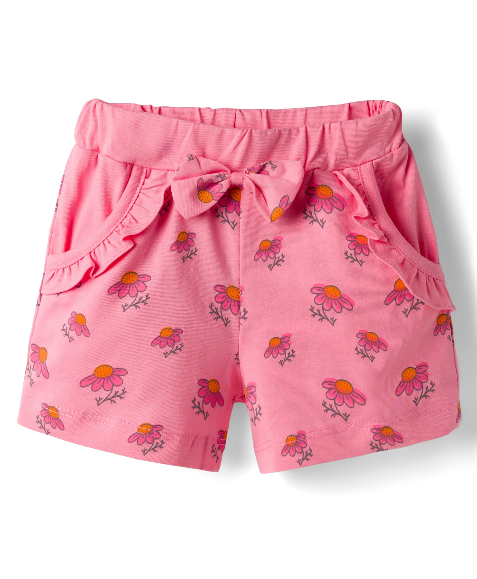 Tango Looper Knit Above Knee Length Shorts With Floral Print & Bow Applique - Pink-image-42