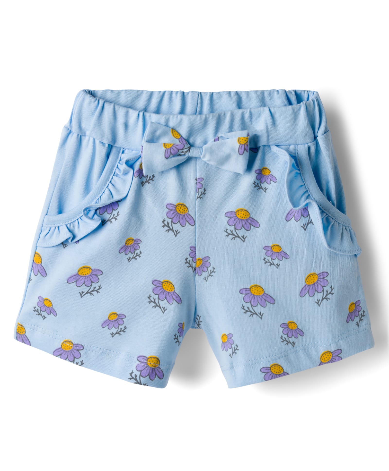 Tango Looper Knit Above Knee Length Shorts With Floral Print & Bow Applique - Blue-image-7