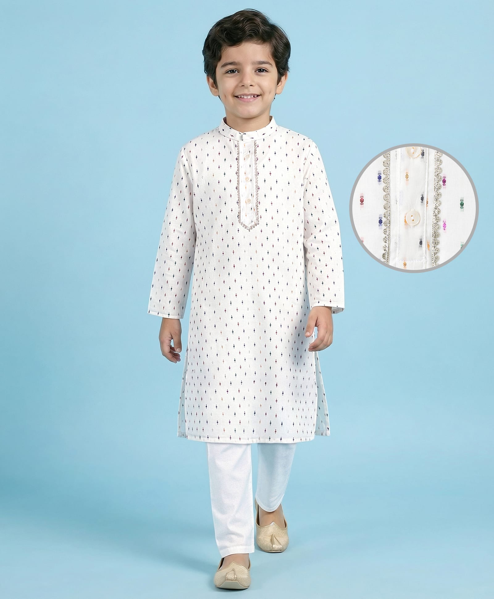 EARTHY TOUCH Lurex Woven Full Sleeves Kurta Pyjama Set With Foil Print - White-image-41