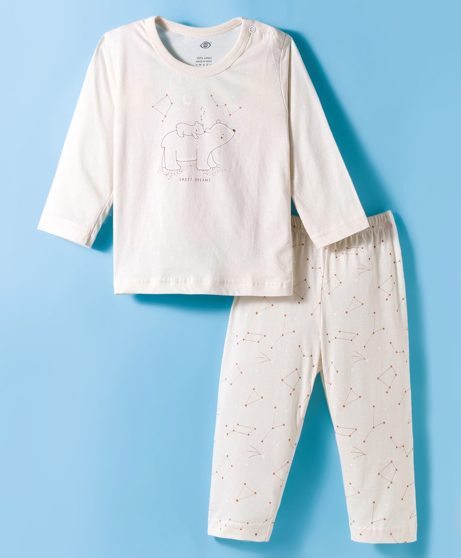 Zero Knitted Full Sleeves Teddy Bear Printed T-Shirt & Pant Set - Cream-picture-20