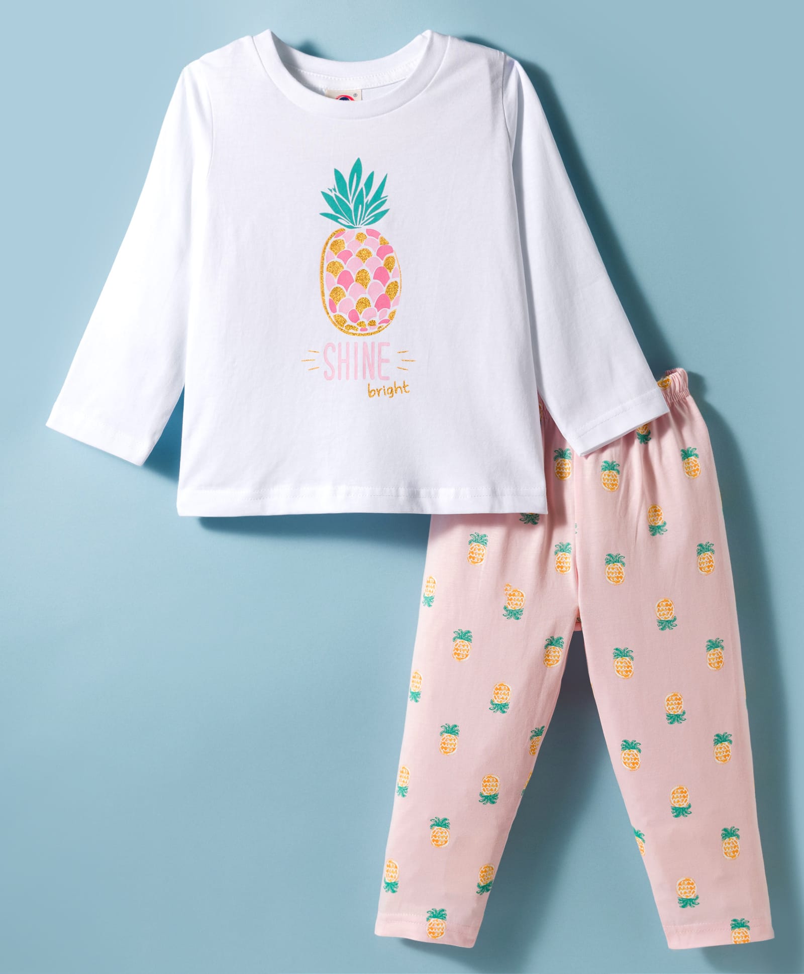Zero Knitted Full Sleeves Pineapple Printed T-Shirt & Joggers Pant Set With Glitter - Pink & White-image-28