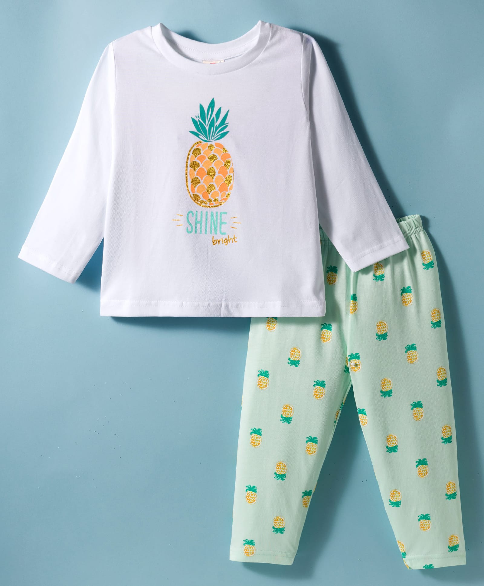 Zero Knitted Full Sleeves Pineapple Printed T-Shirt & Joggers Pant Set With Glitter - Light Green & White-picture-32