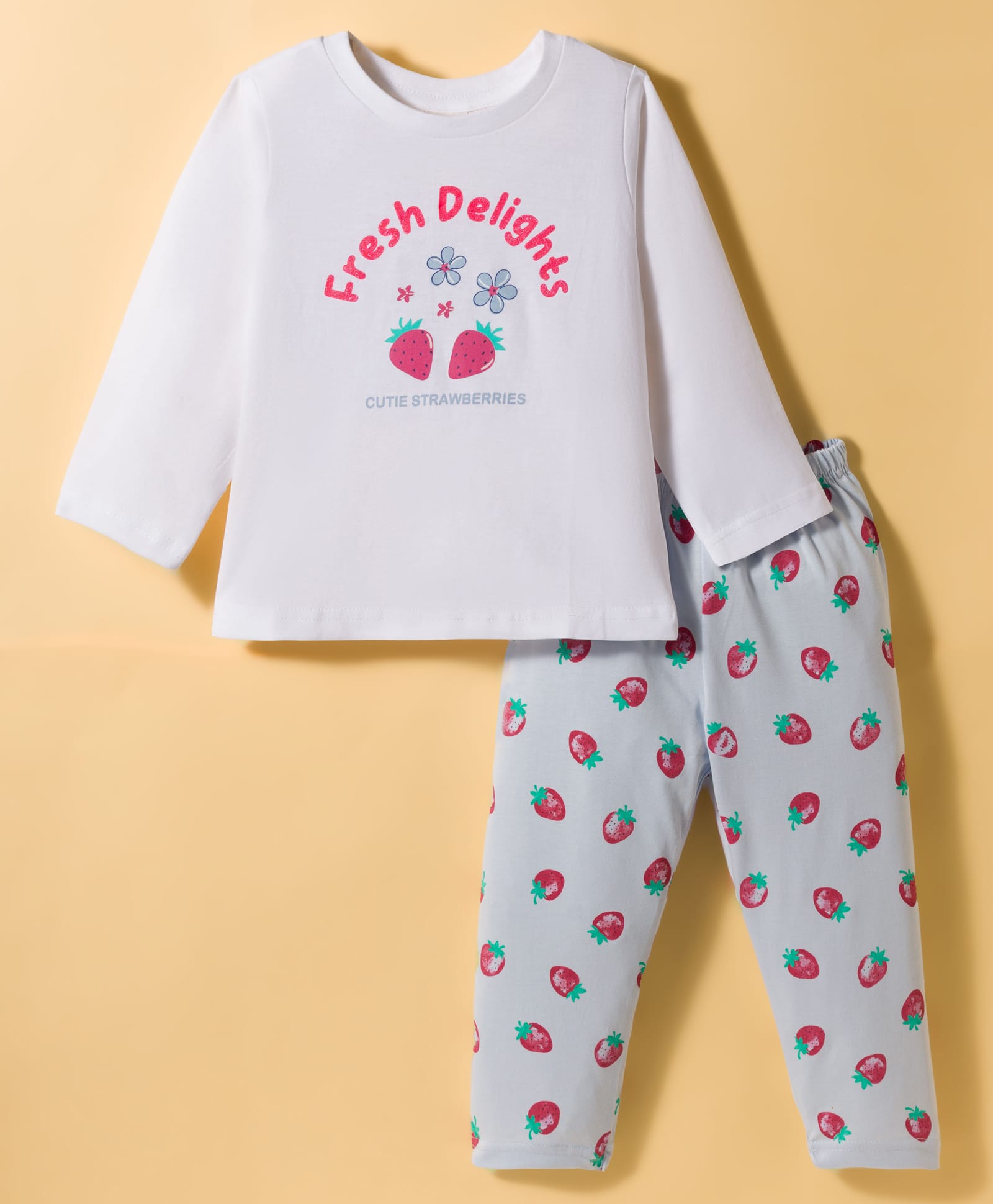 Zero Knitted Full Sleeves Strawberry Printed Top & Joggers Pant Set - White & Light Sky-image-16