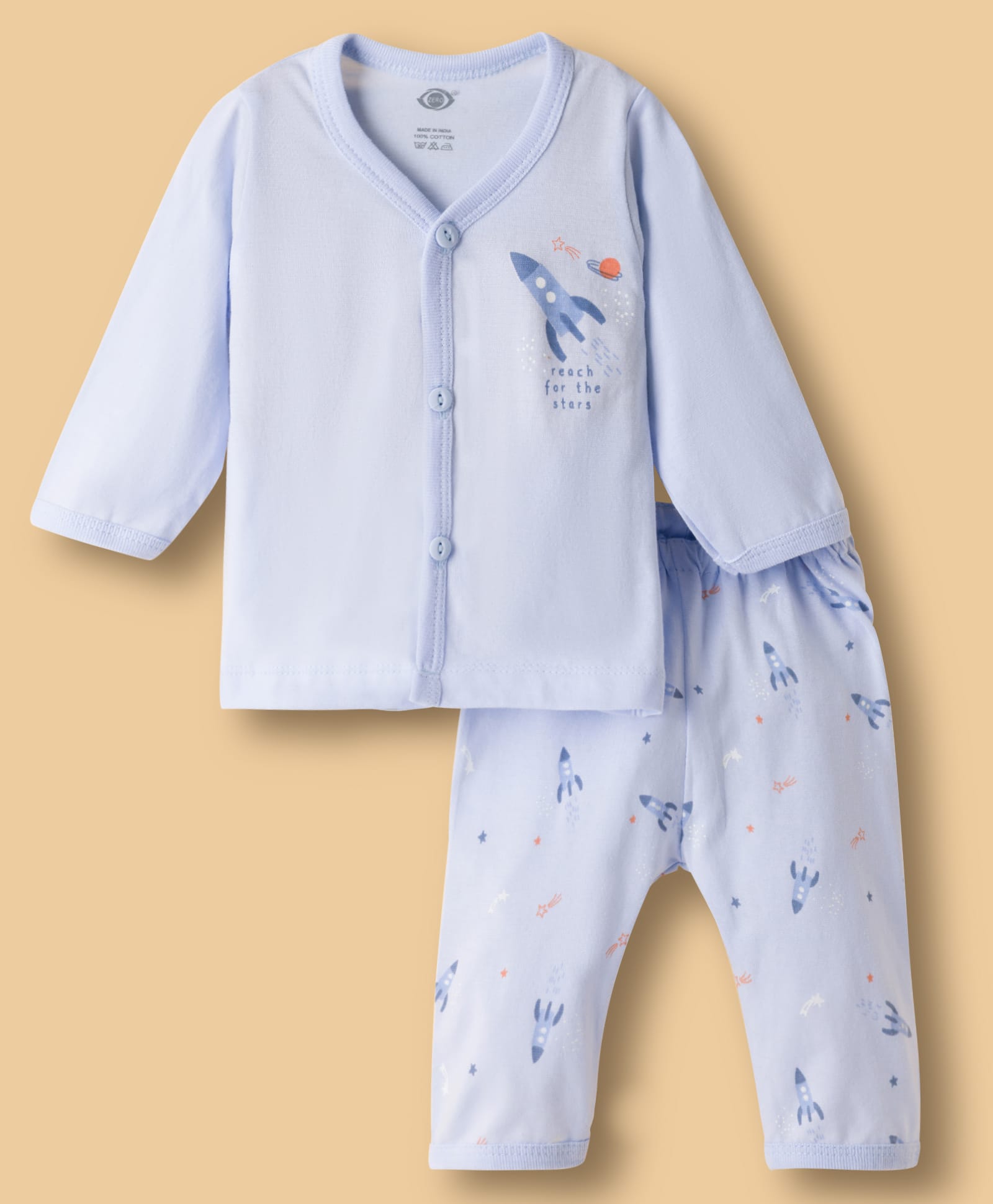 Zero Knitted Full Sleeves T-Shirt & Pajama Night Suit With Space Theme Print - Light Blue-picture-35