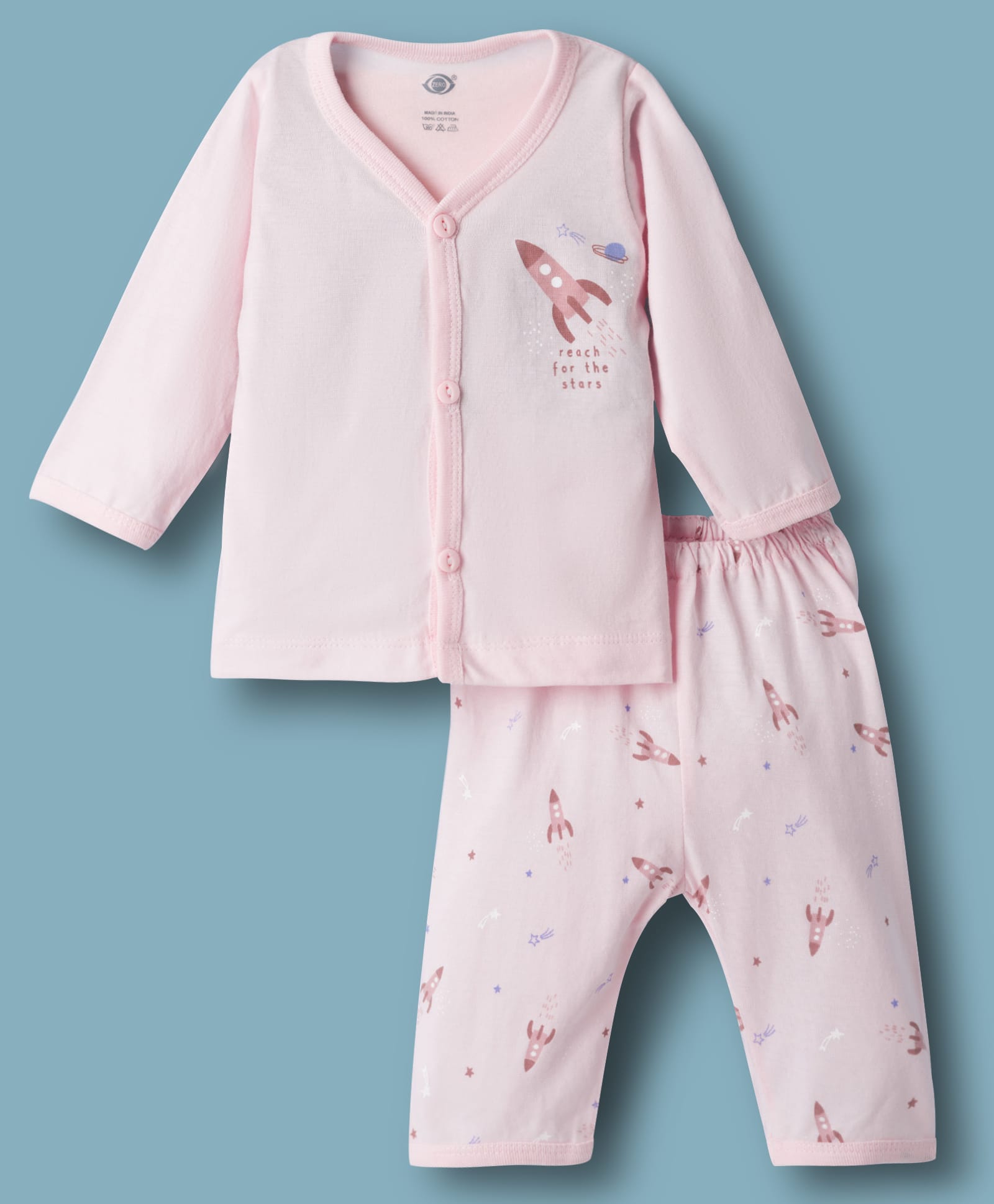 Zero Knitted Full Sleeves T-Shirt & Pajama Night Suit With Space Theme Print - Peach-image-14