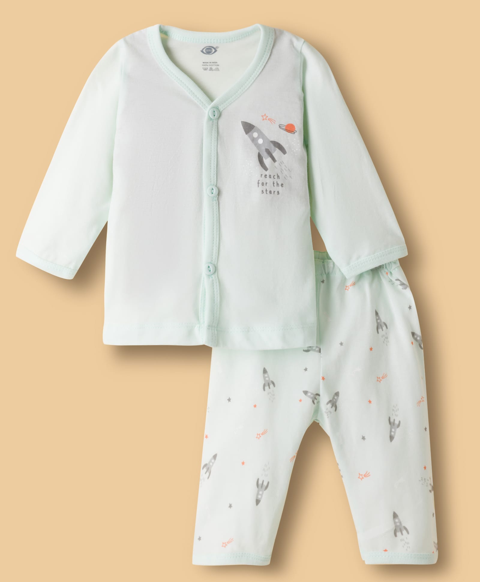 Zero Knitted Full Sleeves T-Shirt & Pajama Night Suit With Space Theme Print - Light Green-picture-36