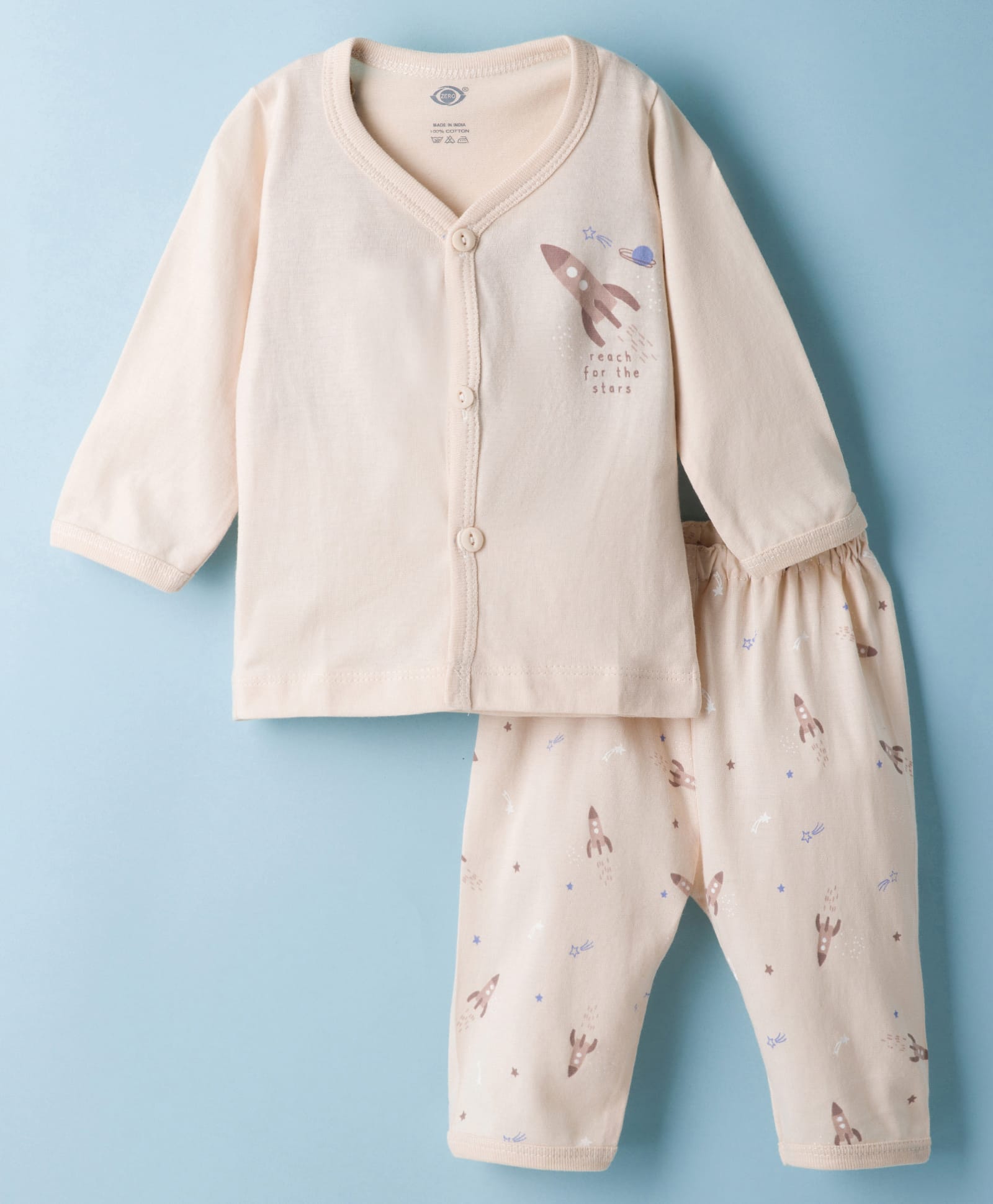 Zero Knitted Full Sleeves T-Shirt & Pajama Night Suit With Space Theme Print - Beige-picture-25