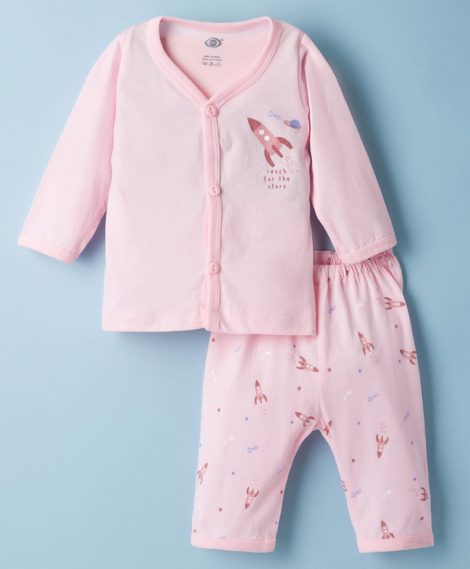 Zero Knitted Full Sleeves T-Shirt & Pajama Night Suit With Space Theme Print - Pink-picture-24