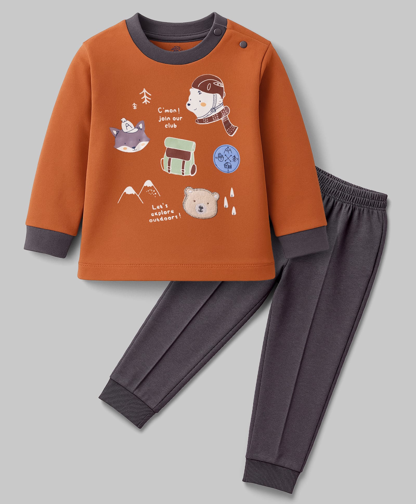Zero Knitted Full Sleeves Animal Printed T-Shirt & Jogger Pant Set- Rust Orange & Charcoal Grey-picture-11
